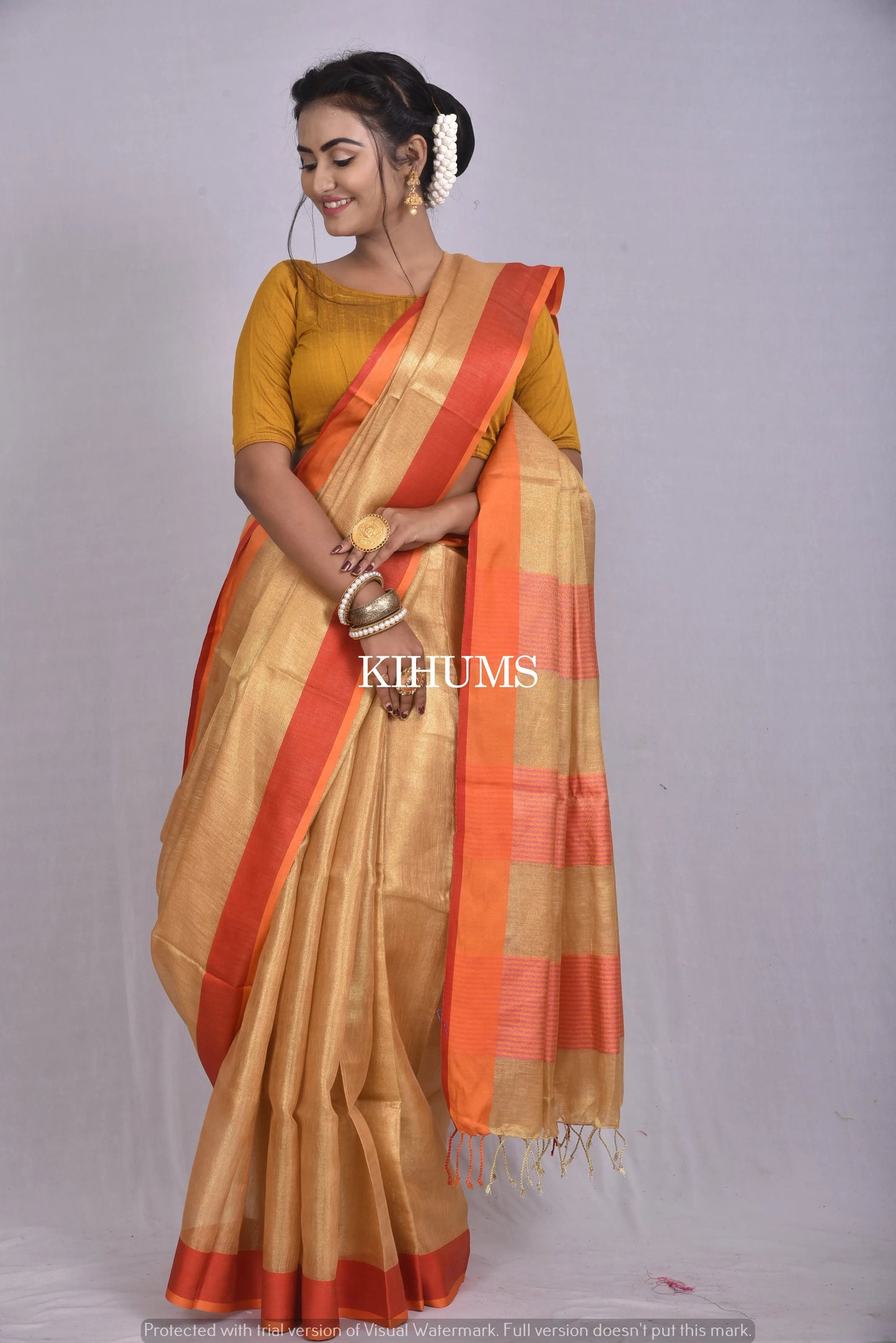 Mustard Gold Shade with Gold Tinge | Tissue Linen Saree | Contrast Border | KIHUMS Saree women clothing