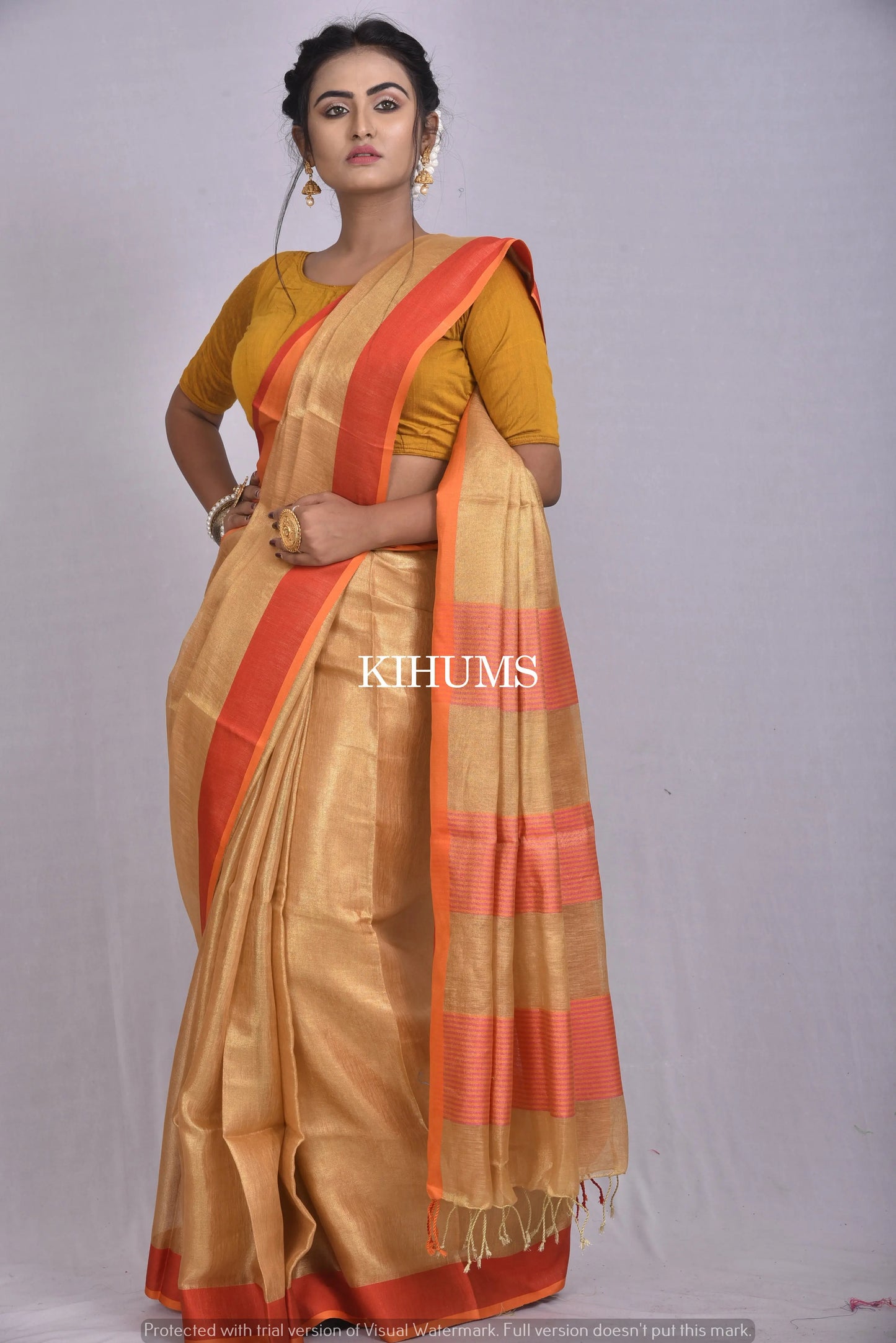 Mustard Gold Shade with Gold Tinge | Tissue Linen Saree | Contrast Border | KIHUMS Saree women clothing
