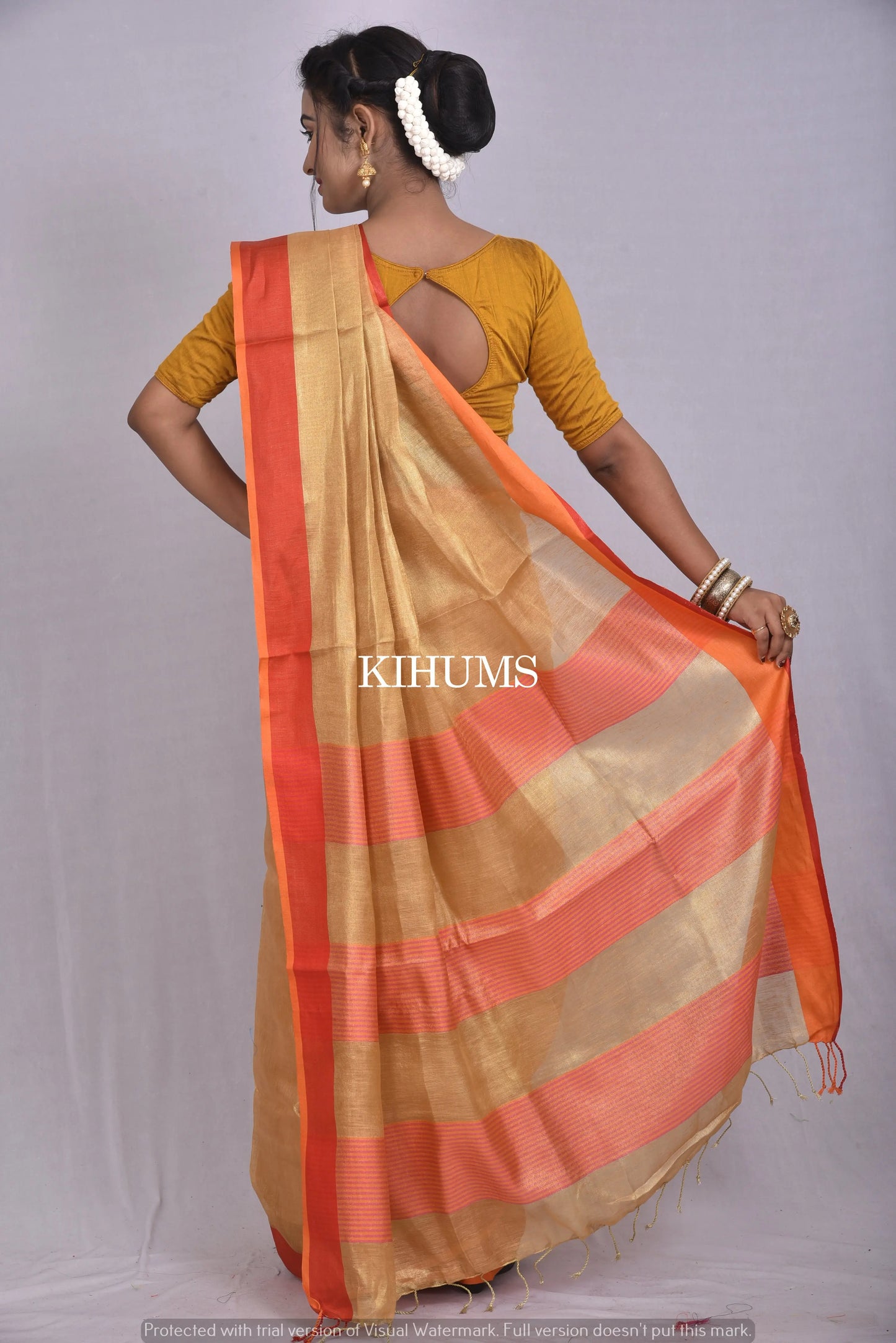 Mustard Gold Shade with Gold Tinge | Tissue Linen Saree | Contrast Border | KIHUMS Saree women clothing
