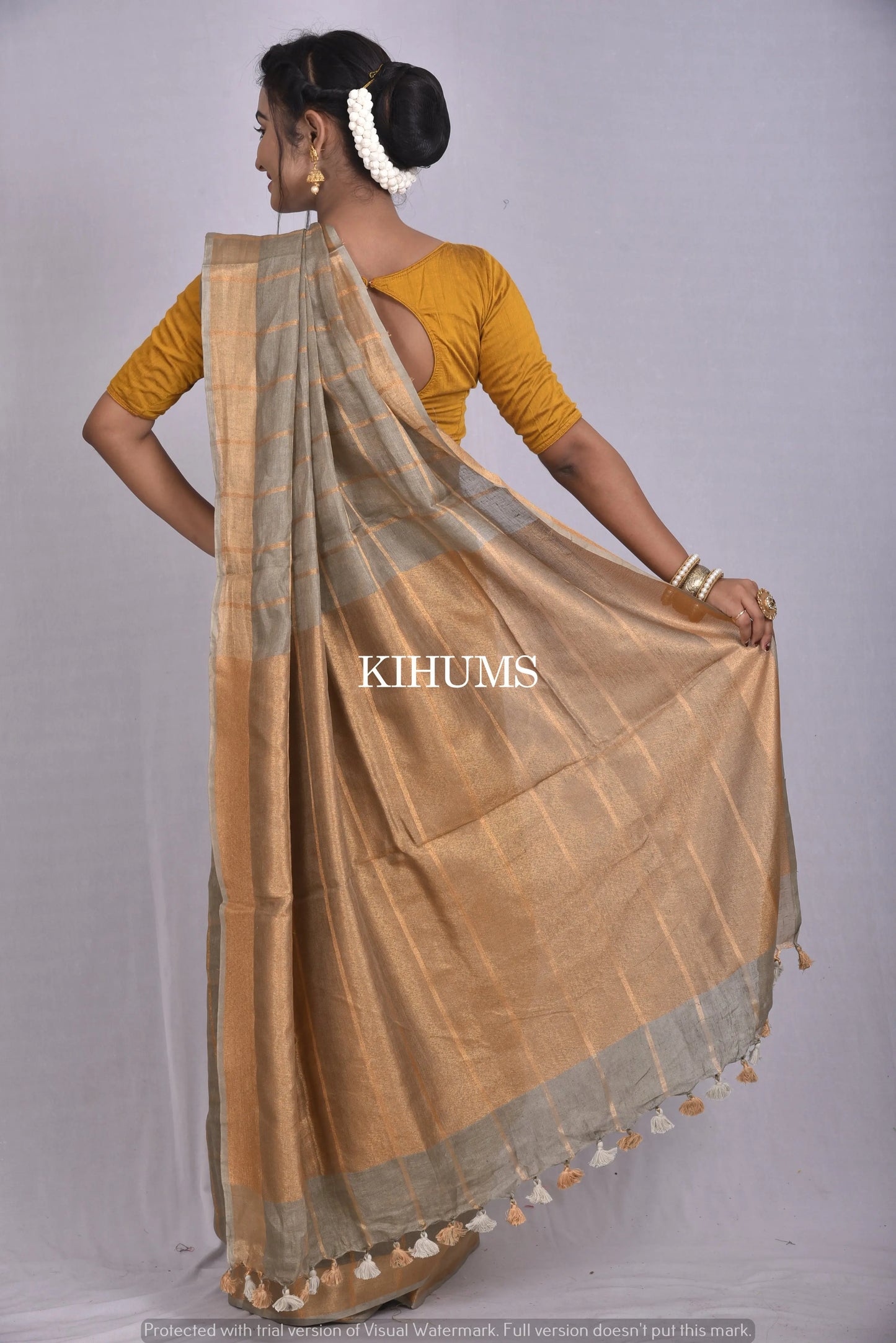 Grey Handwoven Linen Saree | Gold Zari border | Zari Checks | KIHUMS Saree kihums clothing