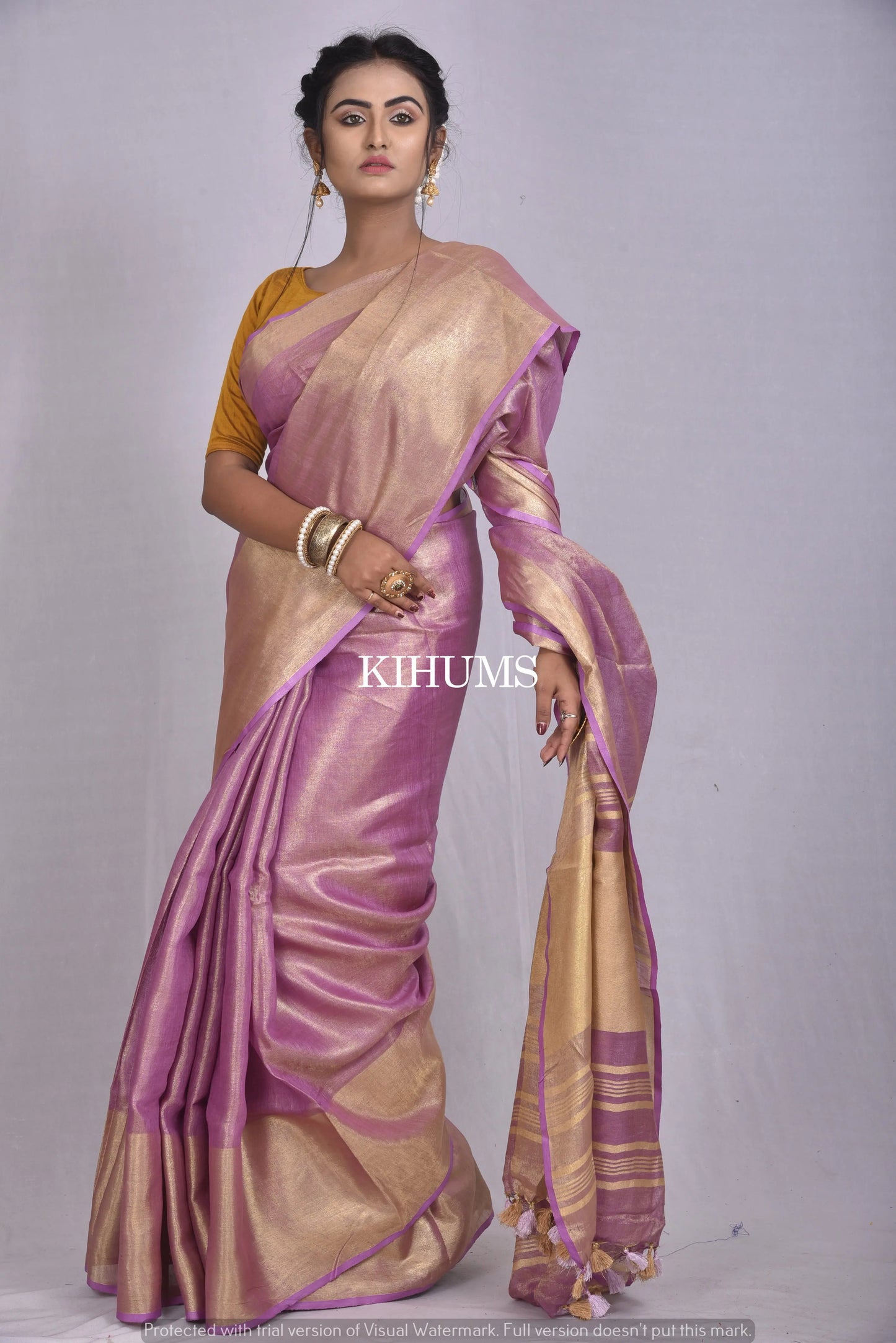 Purple Handwoven Tissue Linen Saree | Gold Zari Border| KIHUMS Saree kihums clothing