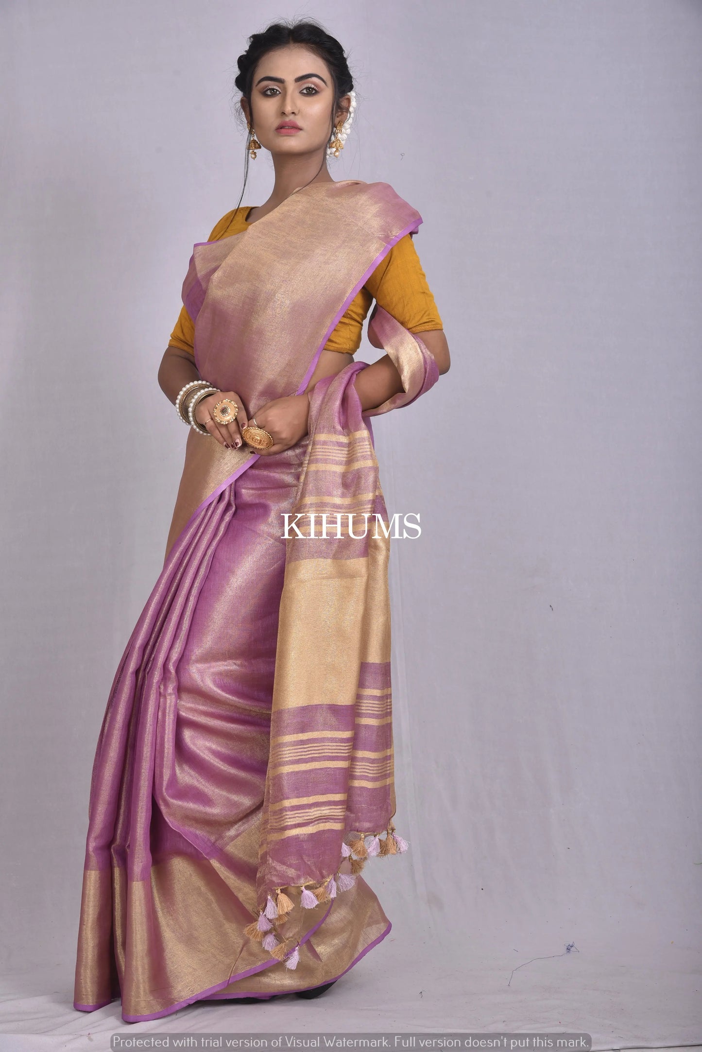 Purple Handwoven Tissue Linen Saree | Gold Zari Border| KIHUMS Saree kihums clothing