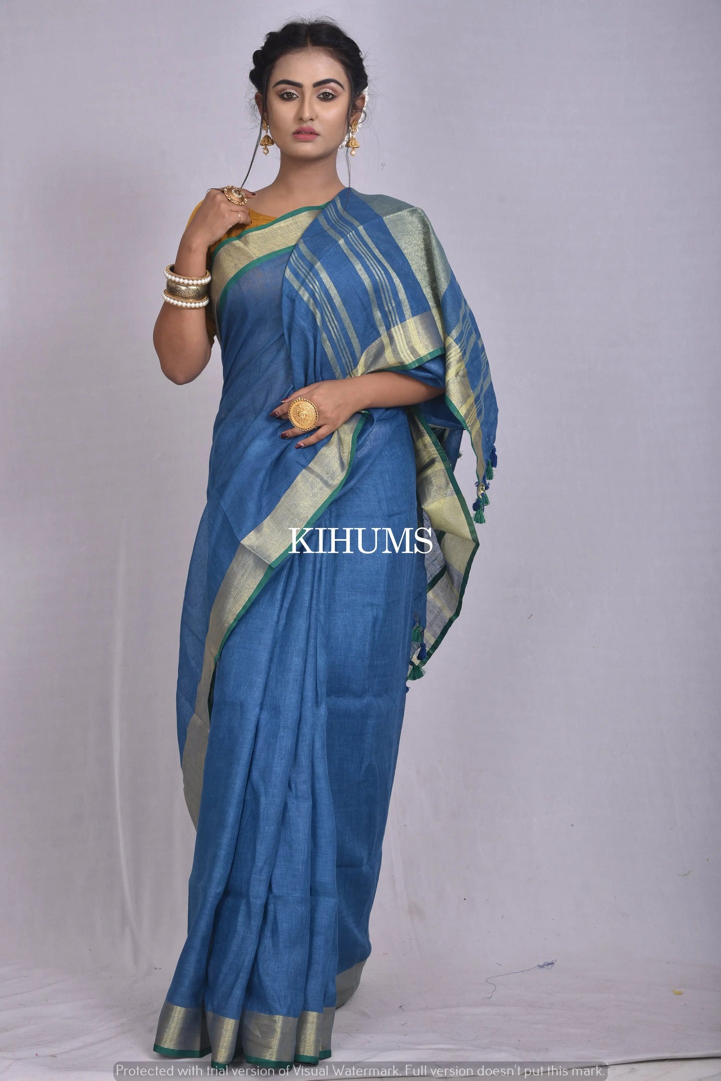 Dark Blue Handwoven Linen Saree | Gold Zari border | Contrast Blouse | KIHUMS Saree kihums clothing