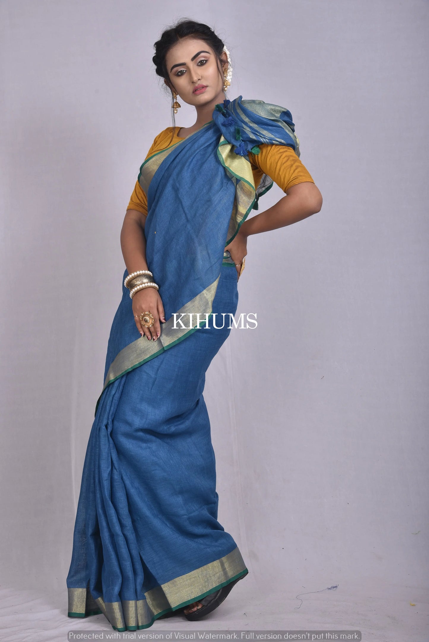 Dark Blue Handwoven Linen Saree | Gold Zari border | Contrast Blouse | KIHUMS Saree kihums clothing