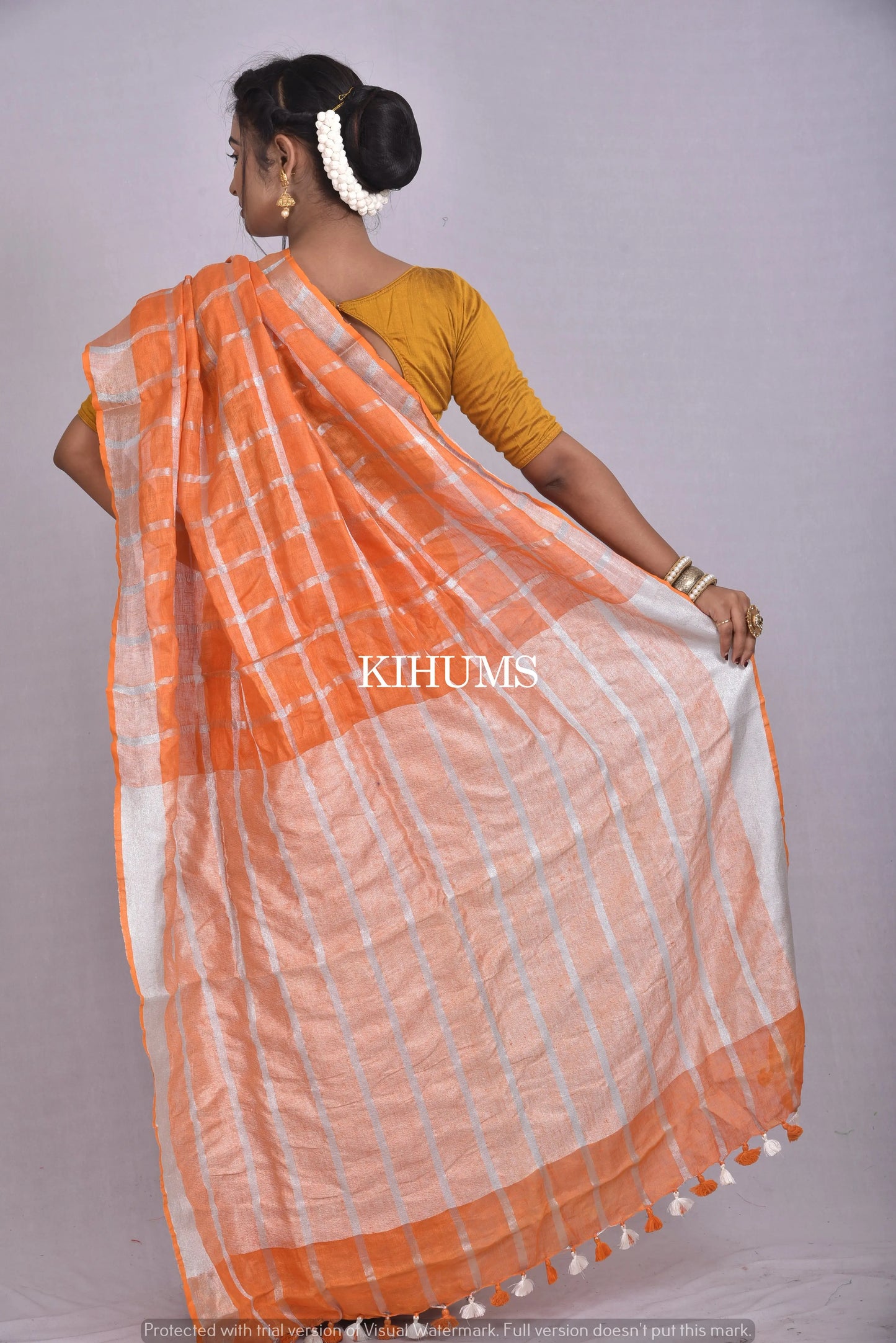 Orange Handwoven Linen Saree | Silver Zari border | Zari Checks | KIHUMS Saree kihums clothing
