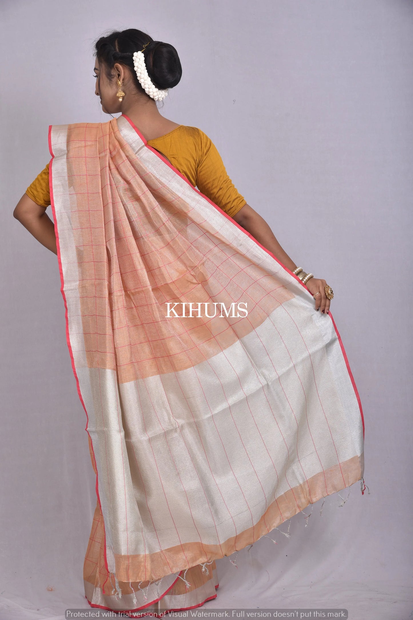 Salmon Shade with Silver Tinge | Tissue Linen Saree | KIHUMS Saree kihums clothing