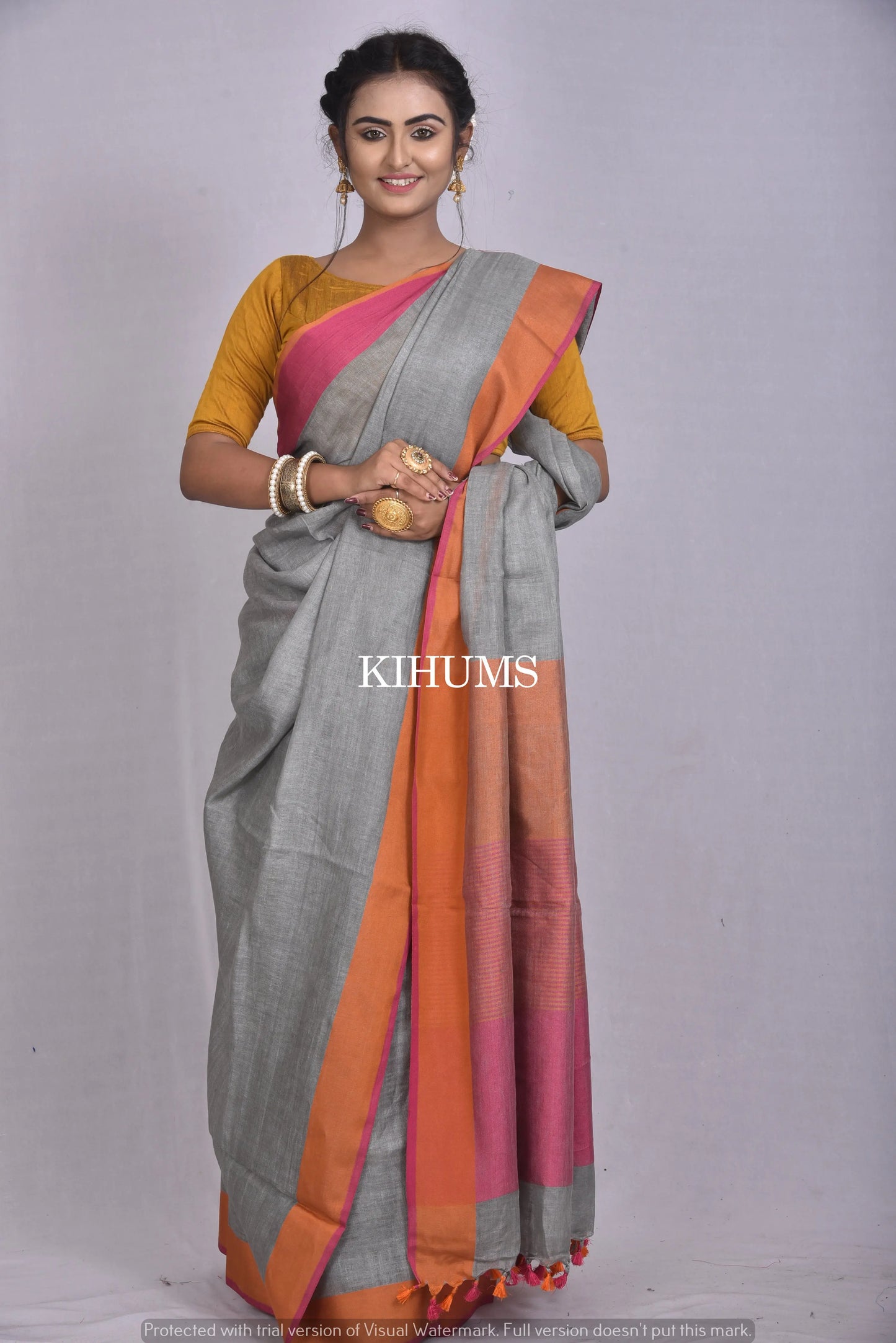 Grey Handwoven Linen Saree | Contrast Colored border | KIHUMS Saree kihums clothing
