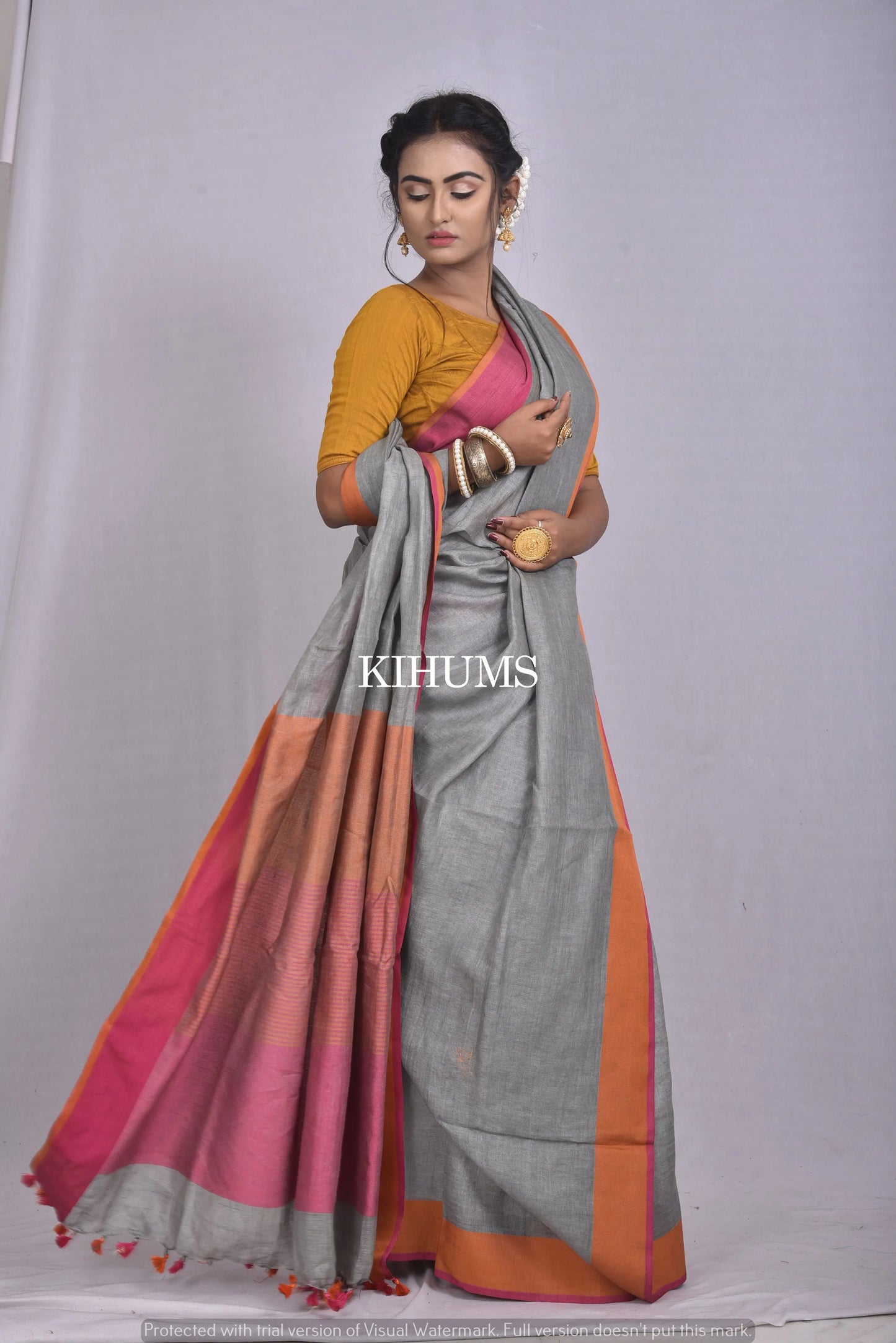 Grey Handwoven Linen Saree | Contrast Colored border | KIHUMS Saree kihums clothing