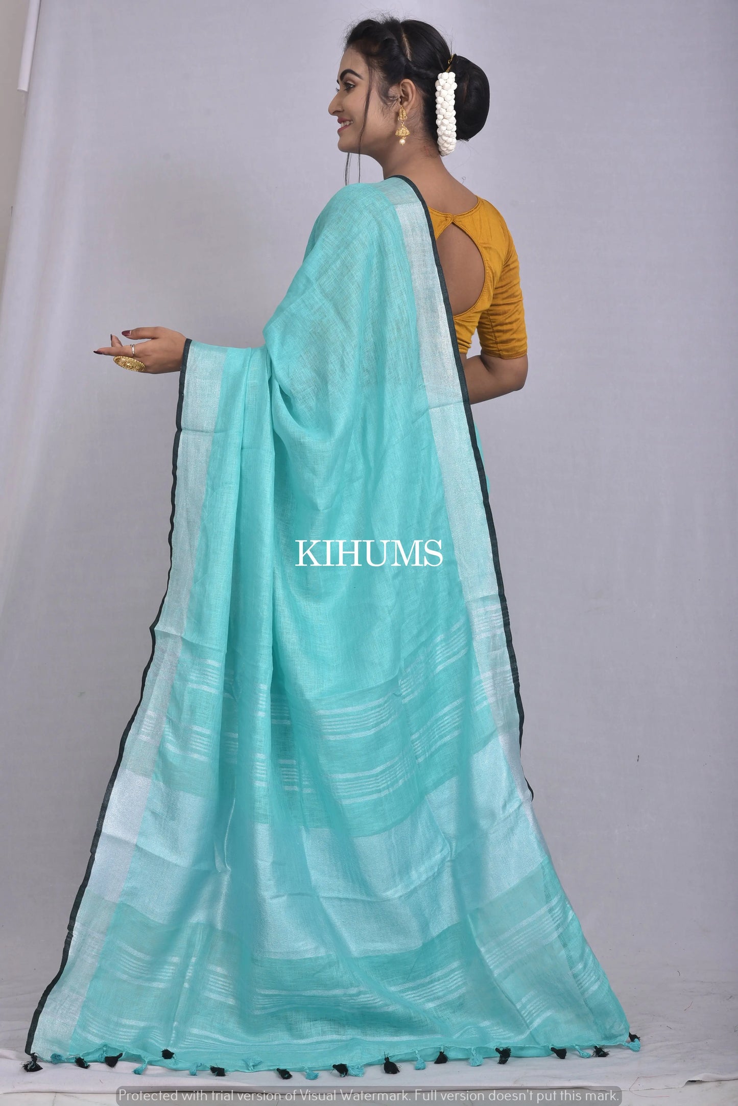 Light Blue Handwoven Linen Saree | Silver Zari Border | KIHUMS Saree kihums clothing