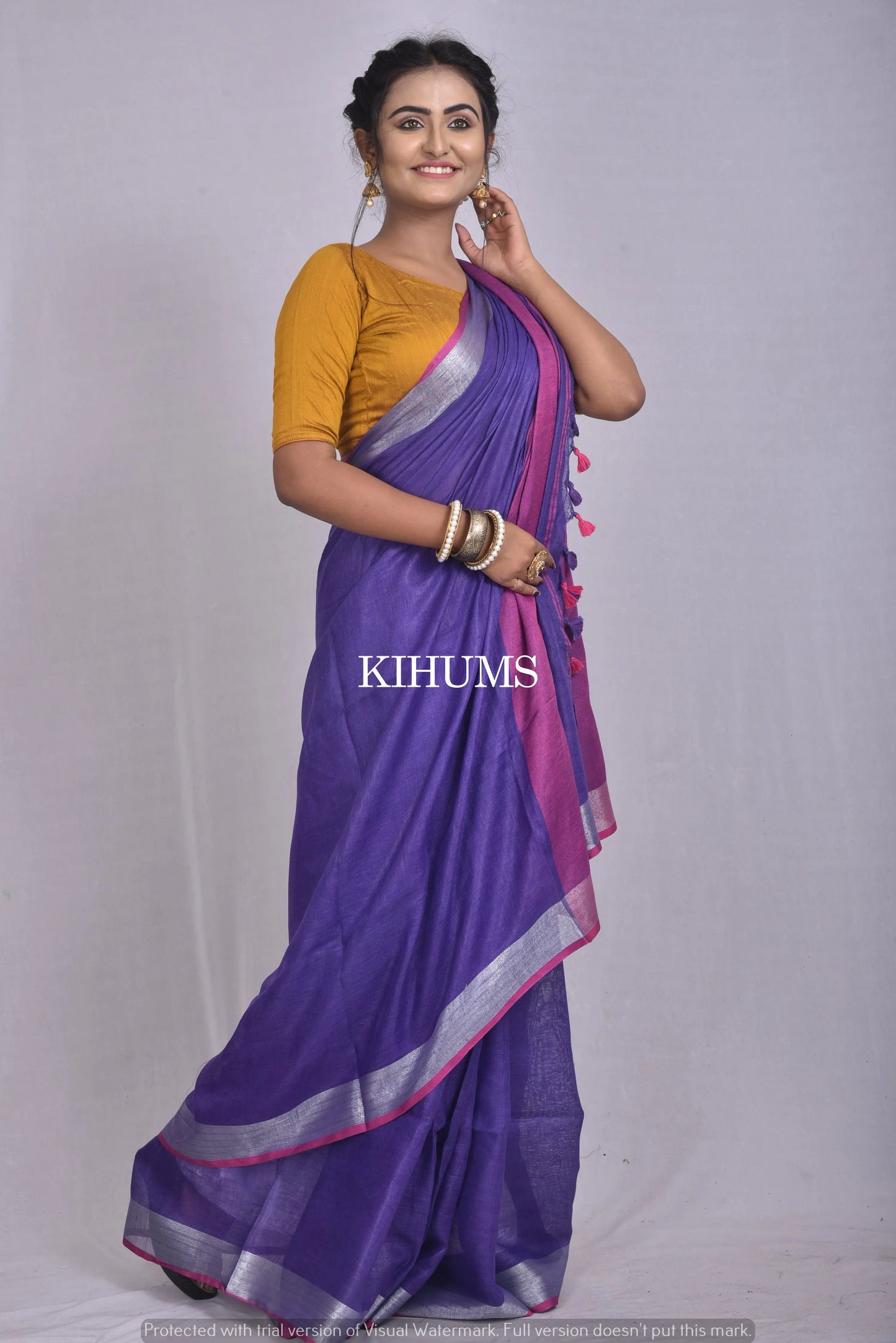 Indigo Handwoven Linen Saree | Silver Zari Border | KIHUMS Saree kihums clothing