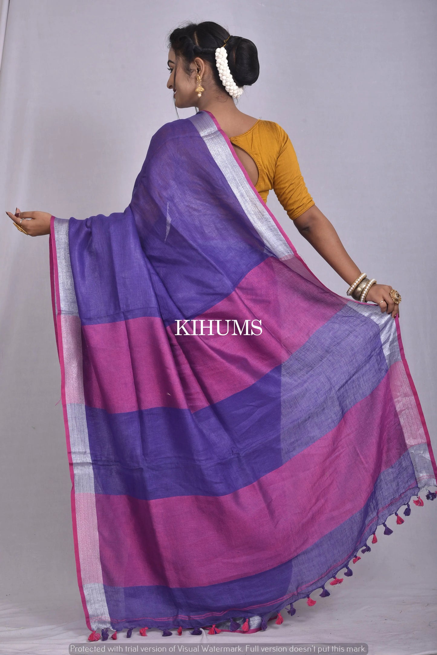 Indigo Handwoven Linen Saree | Silver Zari Border | KIHUMS Saree kihums clothing