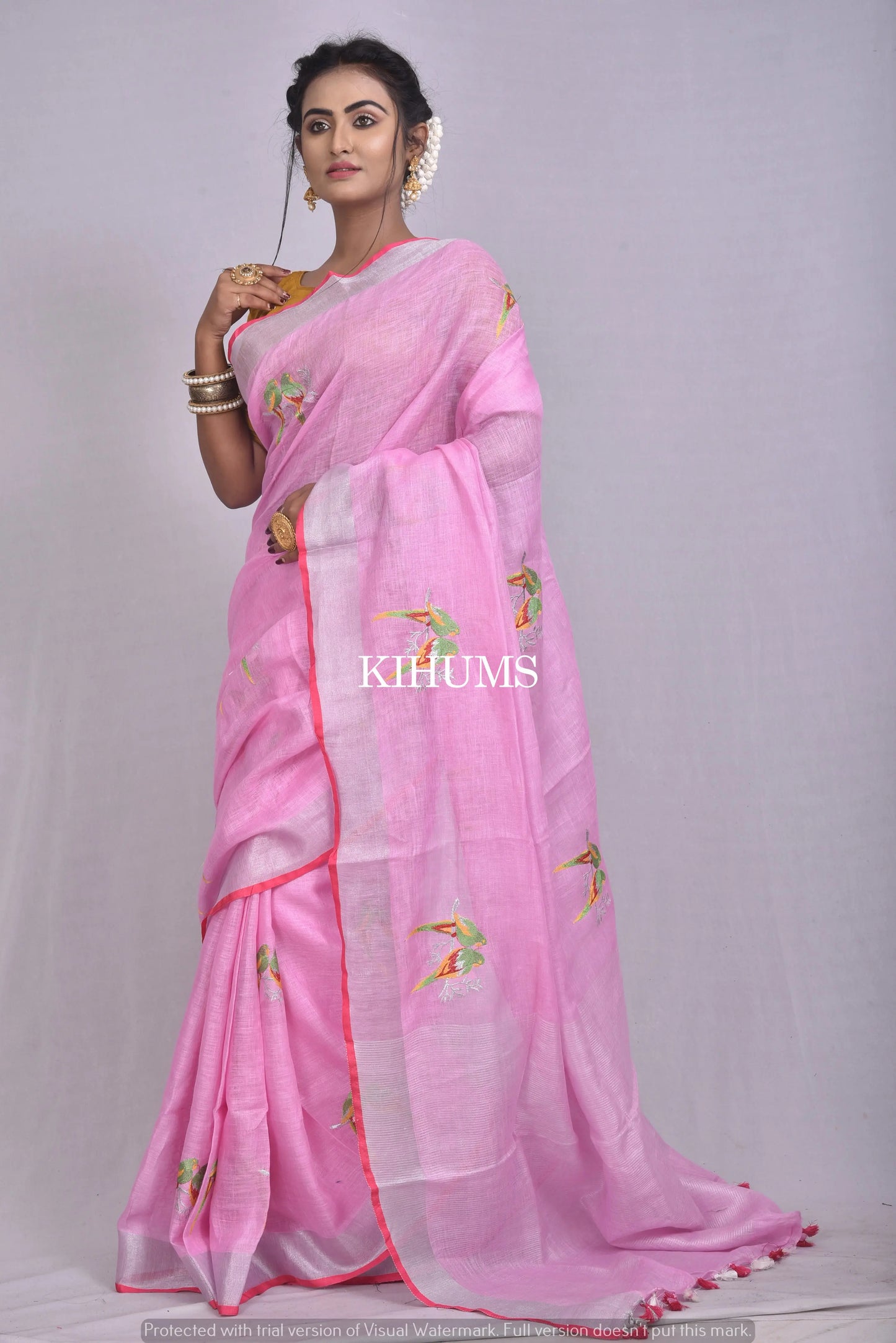 Pink Shade Handwoven Linen Saree with Embroidery Work | Silver Zari Border | KIHUMS Saree kihums clothing