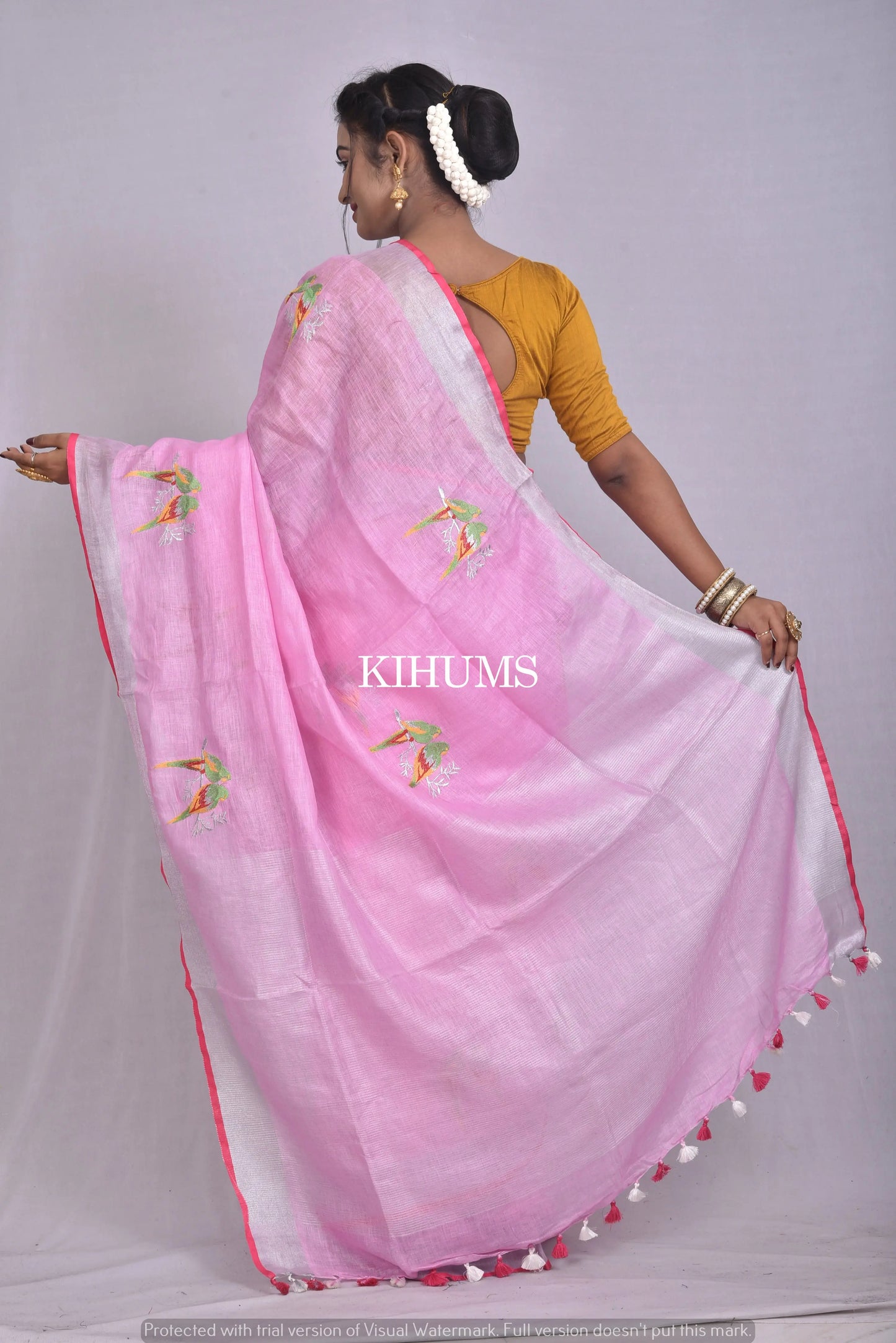 Pink Shade Handwoven Linen Saree with Embroidery Work | Silver Zari Border | KIHUMS Saree kihums clothing