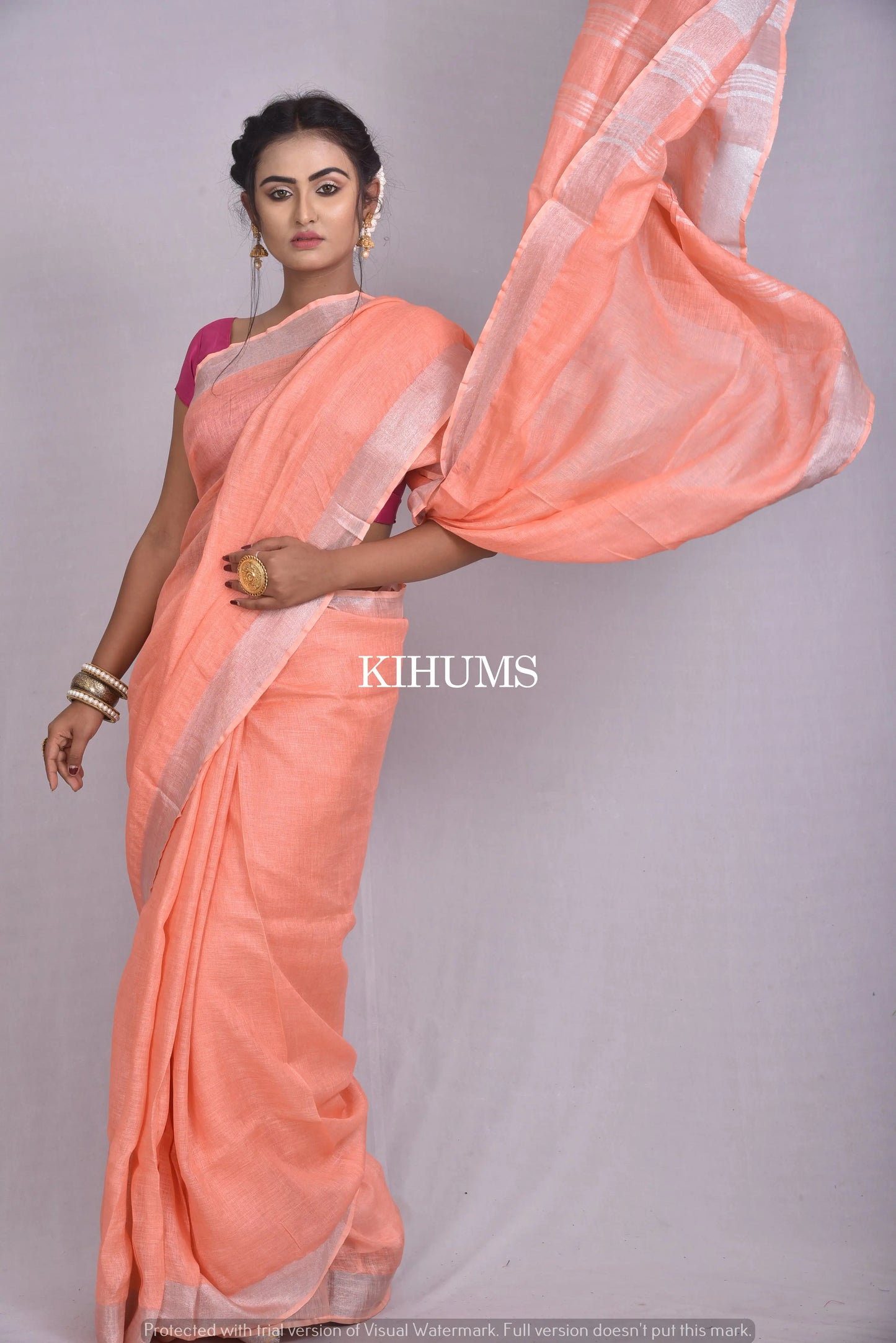 Salmon Shade Handwoven Linen Saree | Silver Zari Border | KIHUMS Saree kihums clothing