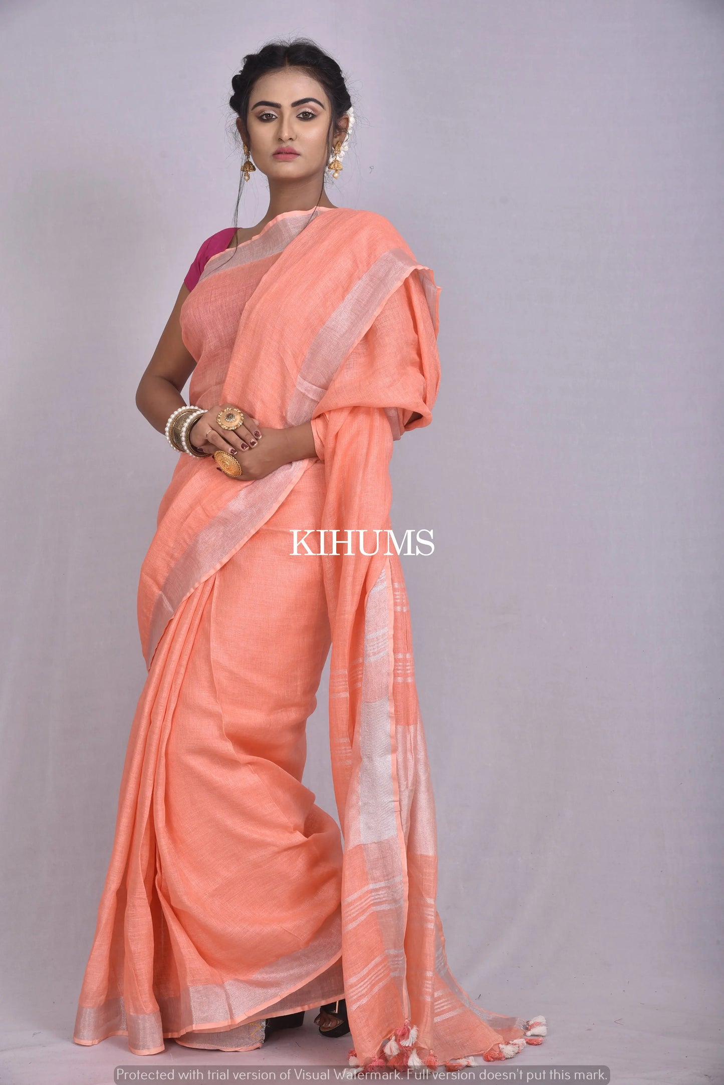 Salmon Shade Handwoven Linen Saree | Silver Zari Border | KIHUMS Saree kihums clothing