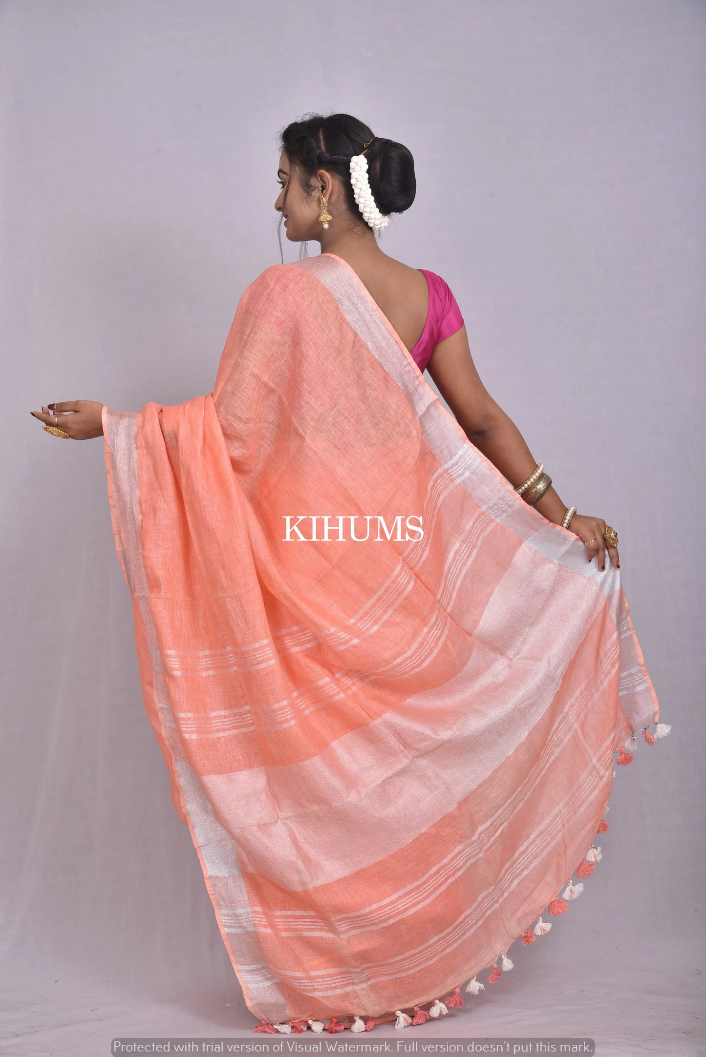 Salmon Shade Handwoven Linen Saree | Silver Zari Border | KIHUMS Saree kihums clothing