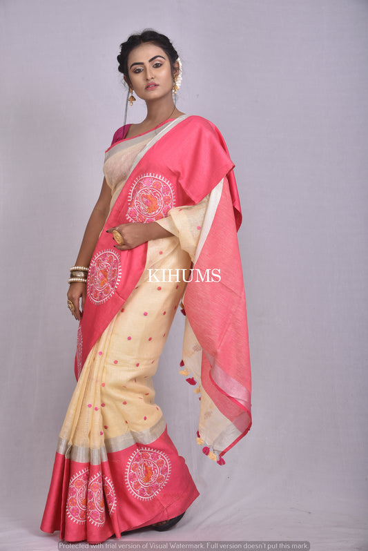 Yellow Handwoven Linen Saree with Embroidery Work | Contrast Border | KIHUMS Saree