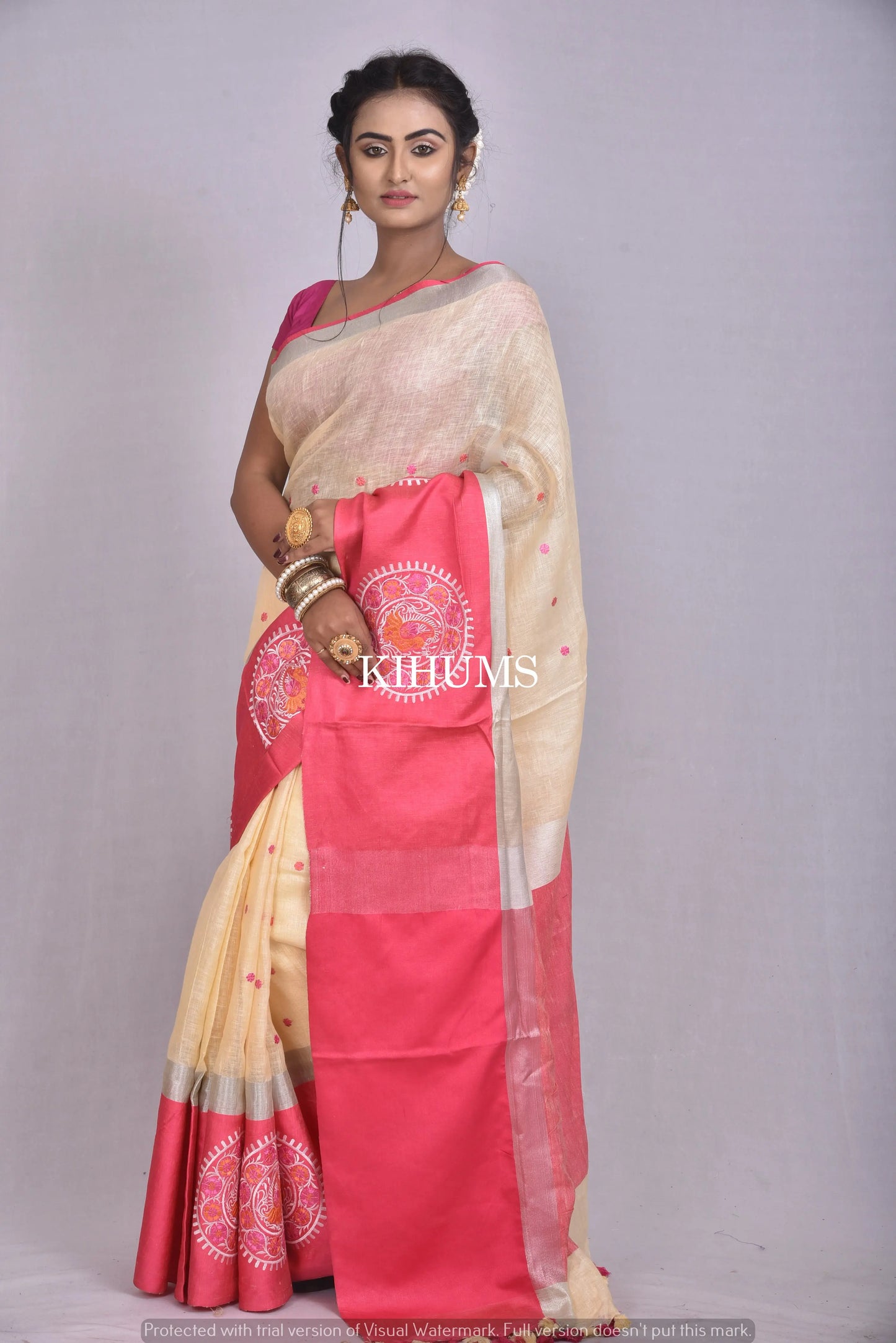 Yellow Handwoven Linen Saree with Embroidery Work | Contrast Border | KIHUMS Saree kihums clothing