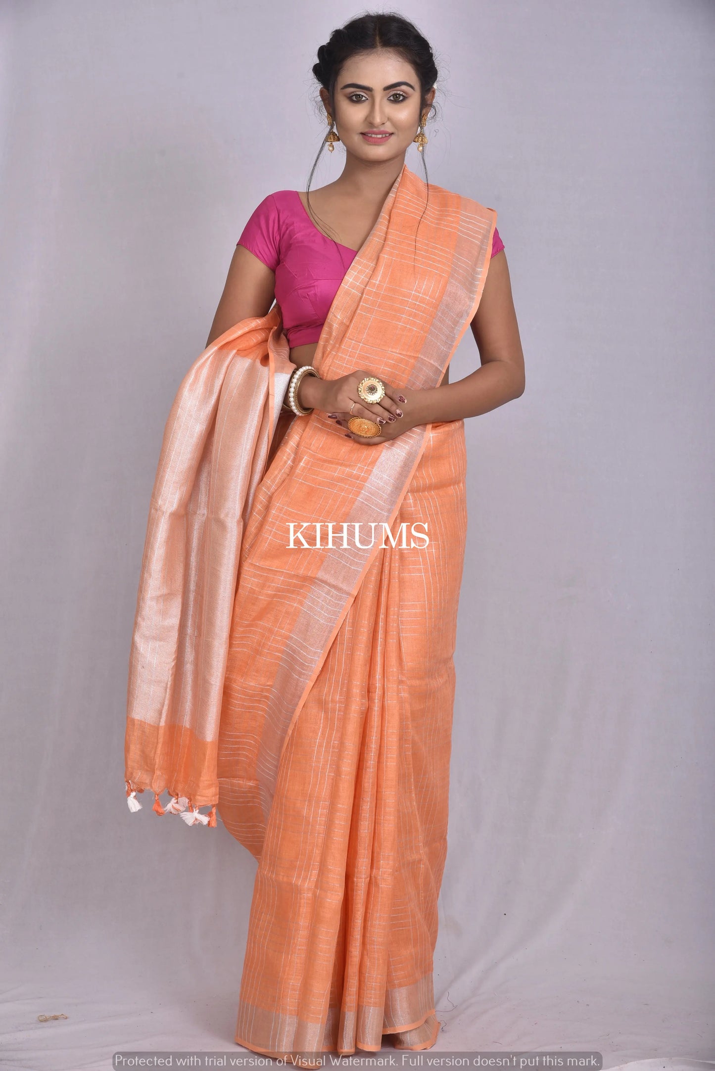Light Orange Handwoven Linen Saree | Silver Zari Checks | Silver Border | KIHUMS Saree kihums clothing