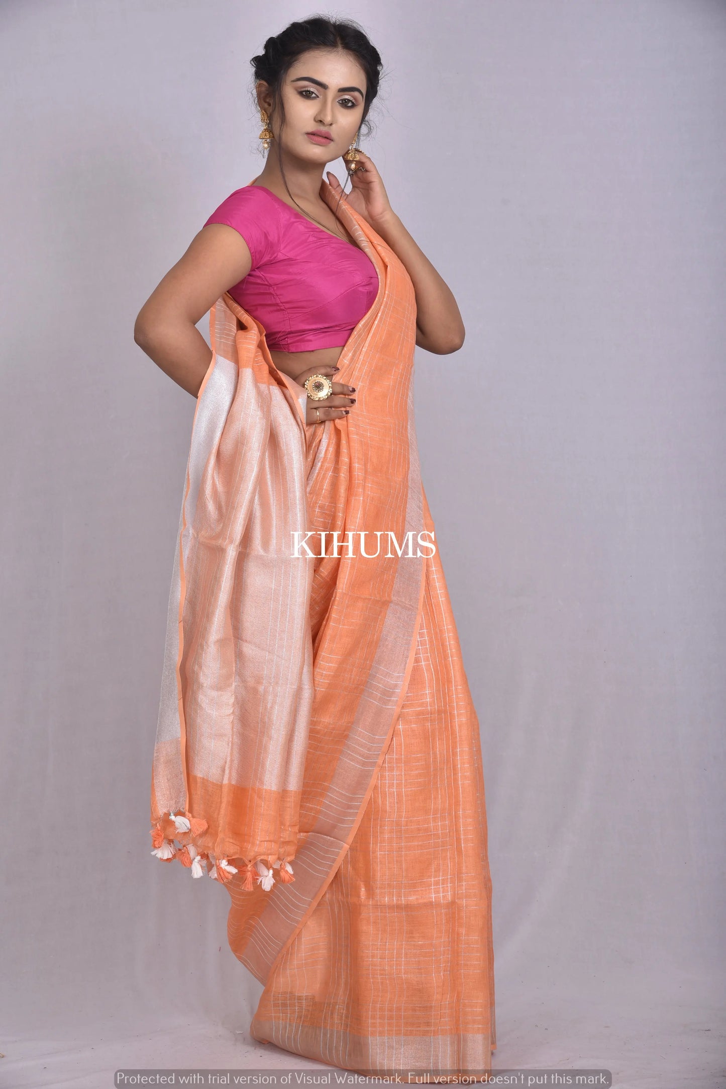 Light Orange Handwoven Linen Saree | Silver Zari Checks | Silver Border | KIHUMS Saree kihums clothing