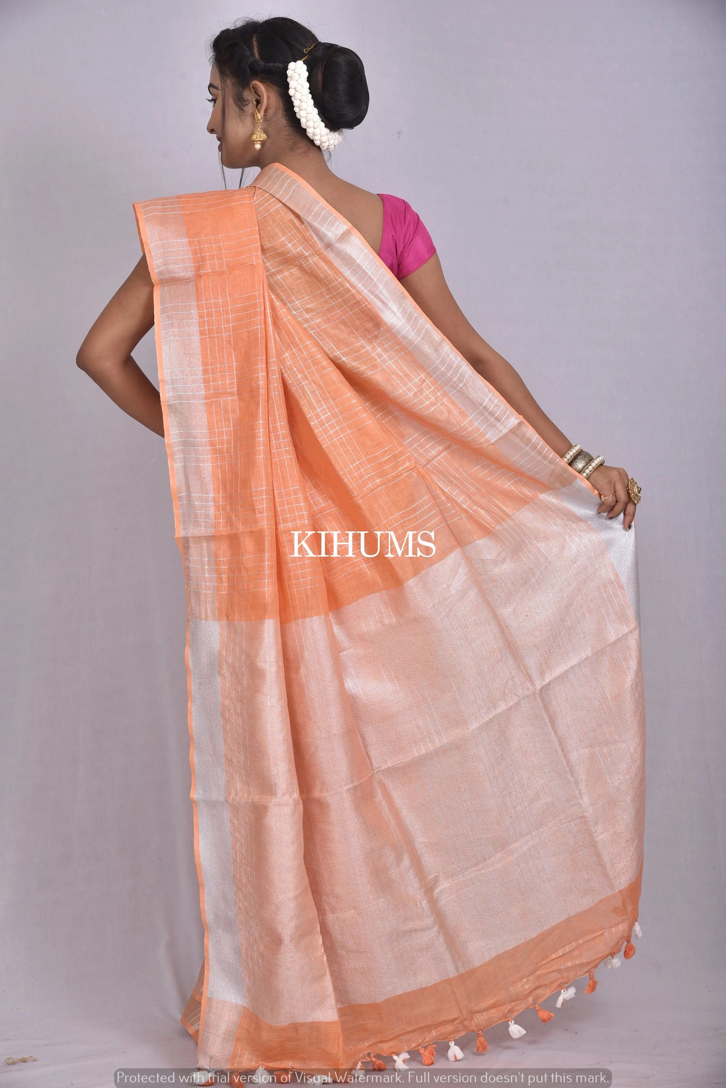 Light Orange Handwoven Linen Saree | Silver Zari Checks | Silver Border | KIHUMS Saree kihums clothing