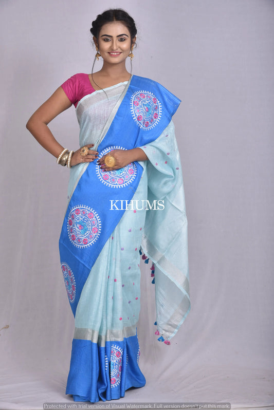 Light Handwoven Linen Saree with Embroidery Work | Contrast Border | KIHUMS Saree kihums clothing