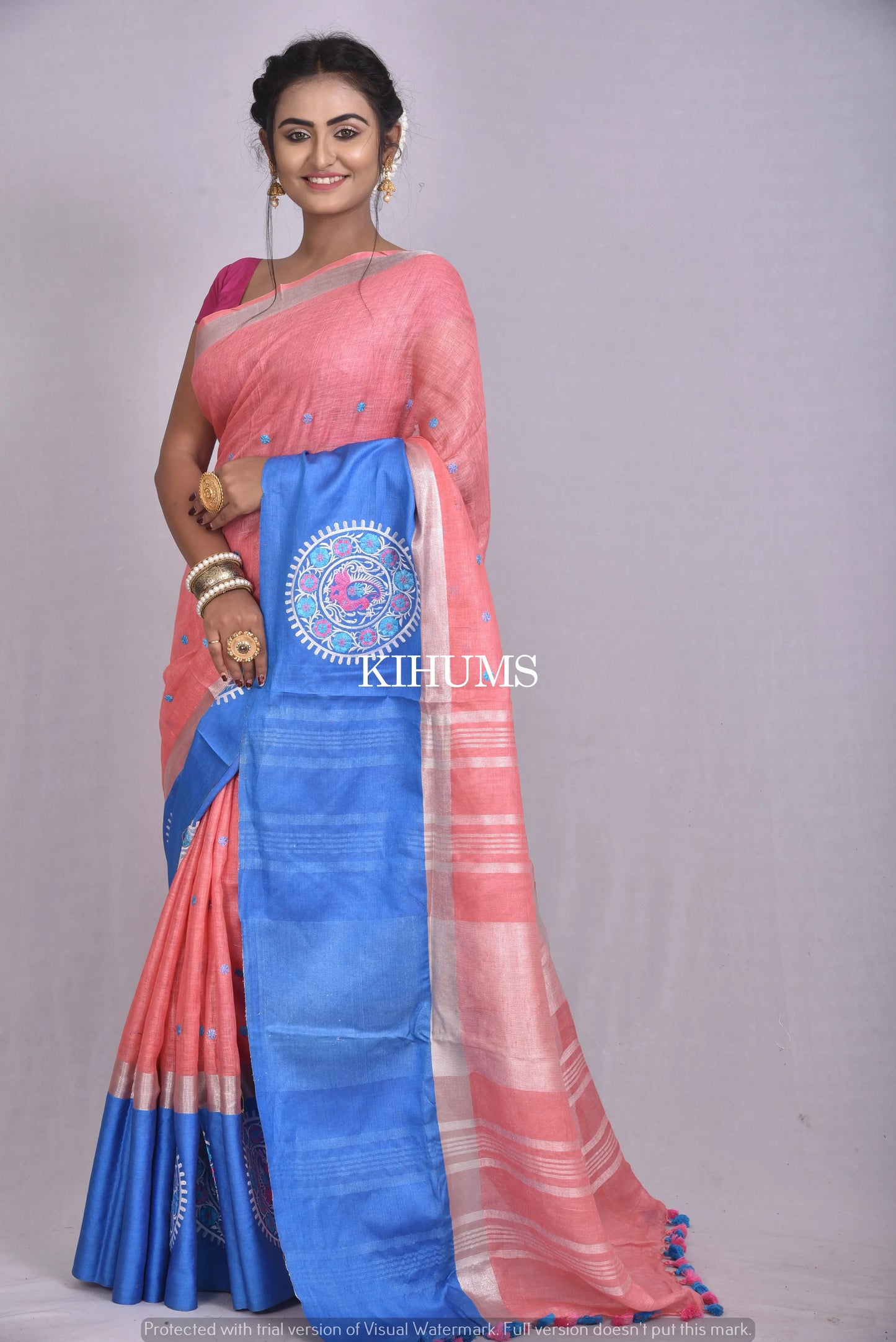 Salmon Handwoven Linen Saree with Embroidery Work | Contrast Border | KIHUMS Saree kihums clothing