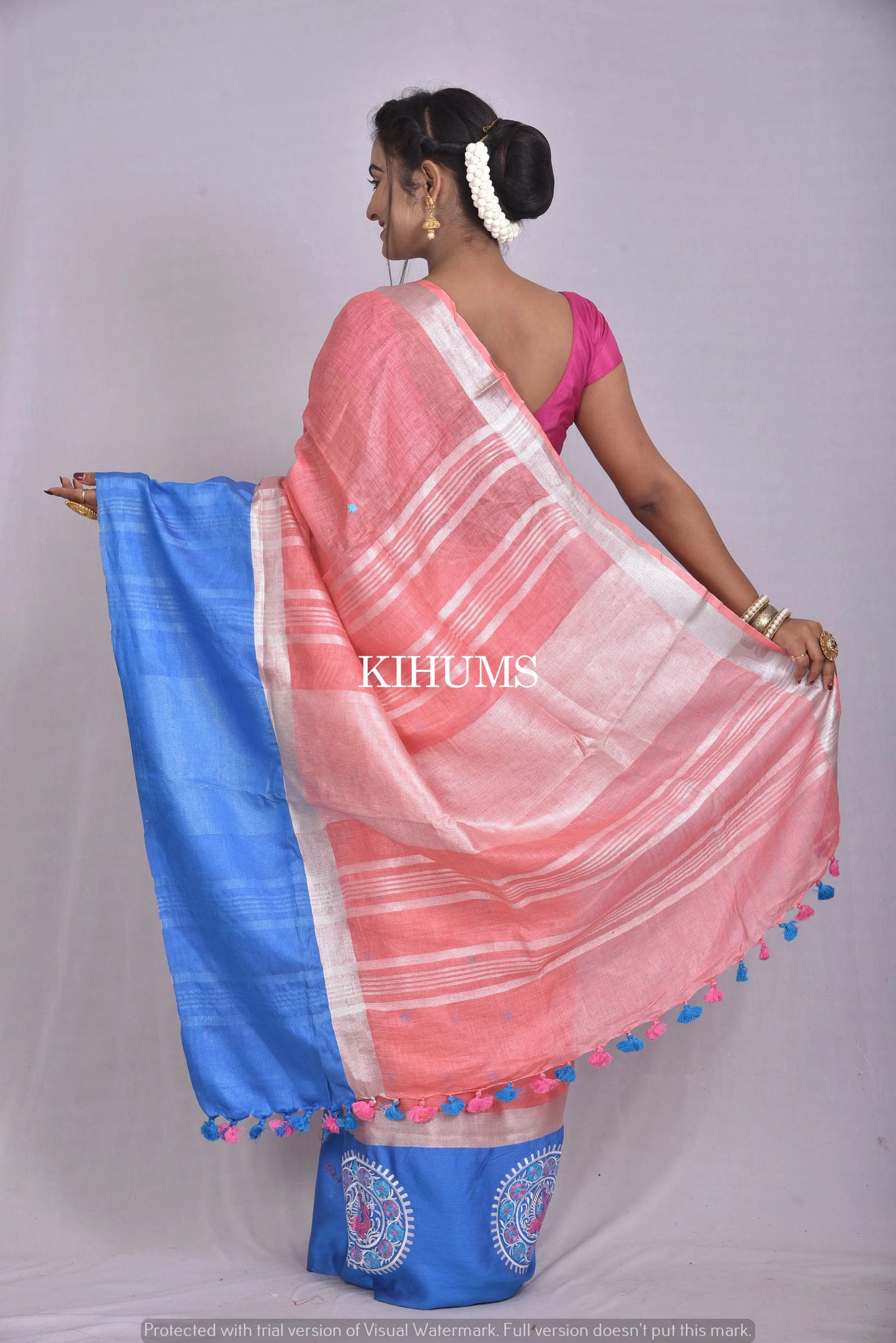 Salmon Handwoven Linen Saree with Embroidery Work | Contrast Border | KIHUMS Saree kihums clothing