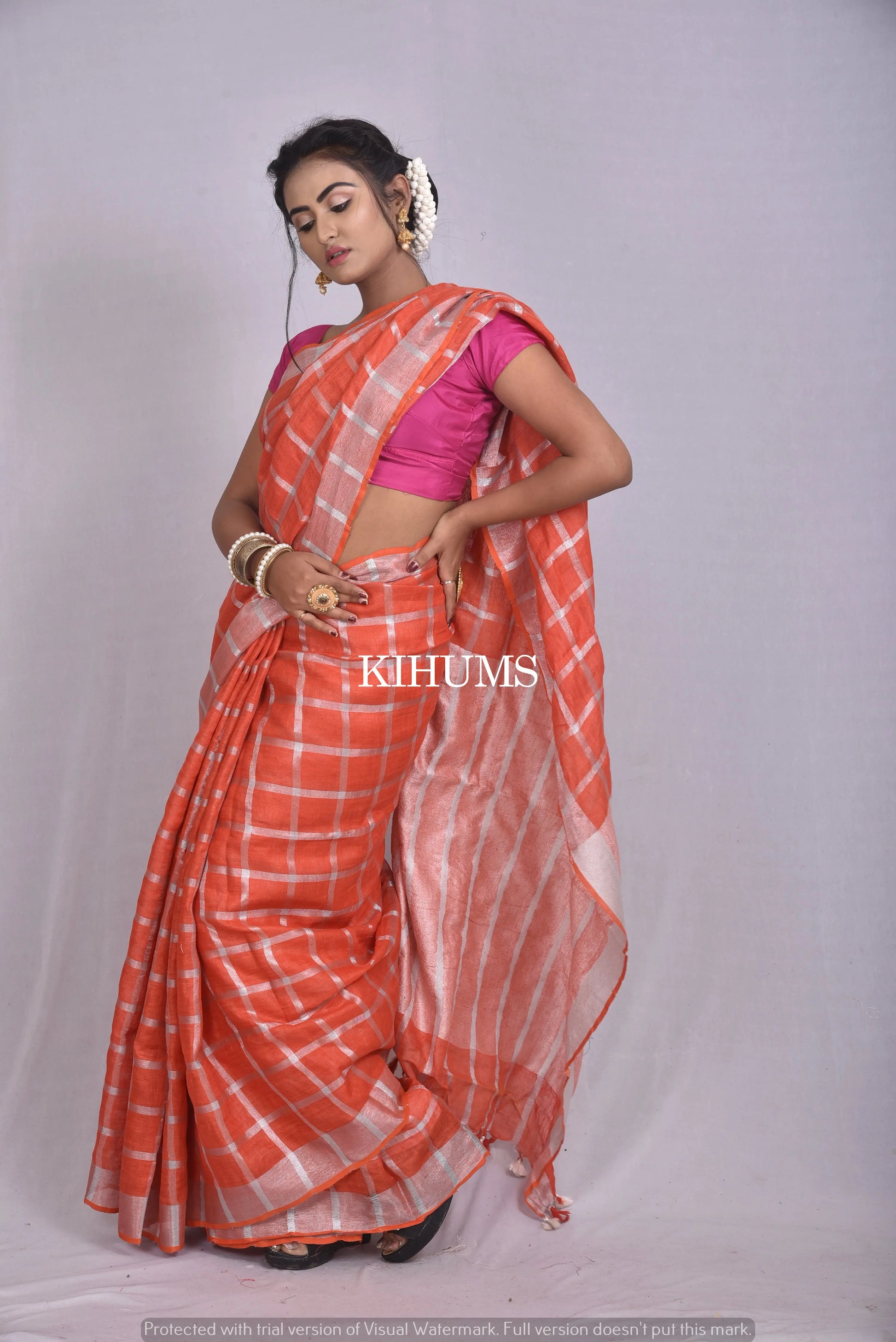 Tomato Shade Handwoven Linen Saree | Silver Zari Checks | Silver Border | KIHUMS Saree kihums clothing