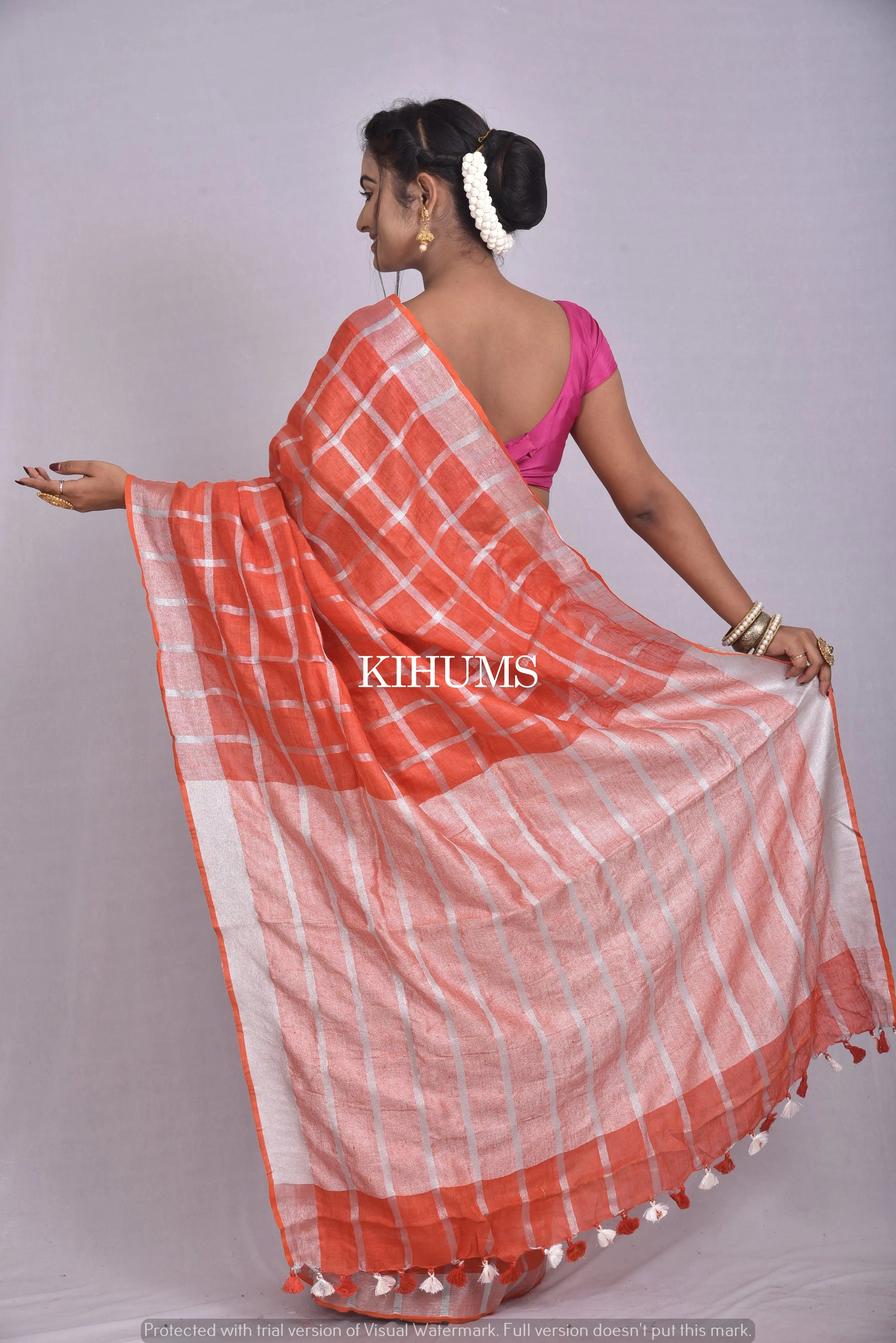 Tomato Shade Handwoven Linen Saree | Silver Zari Checks | Silver Border | KIHUMS Saree kihums clothing