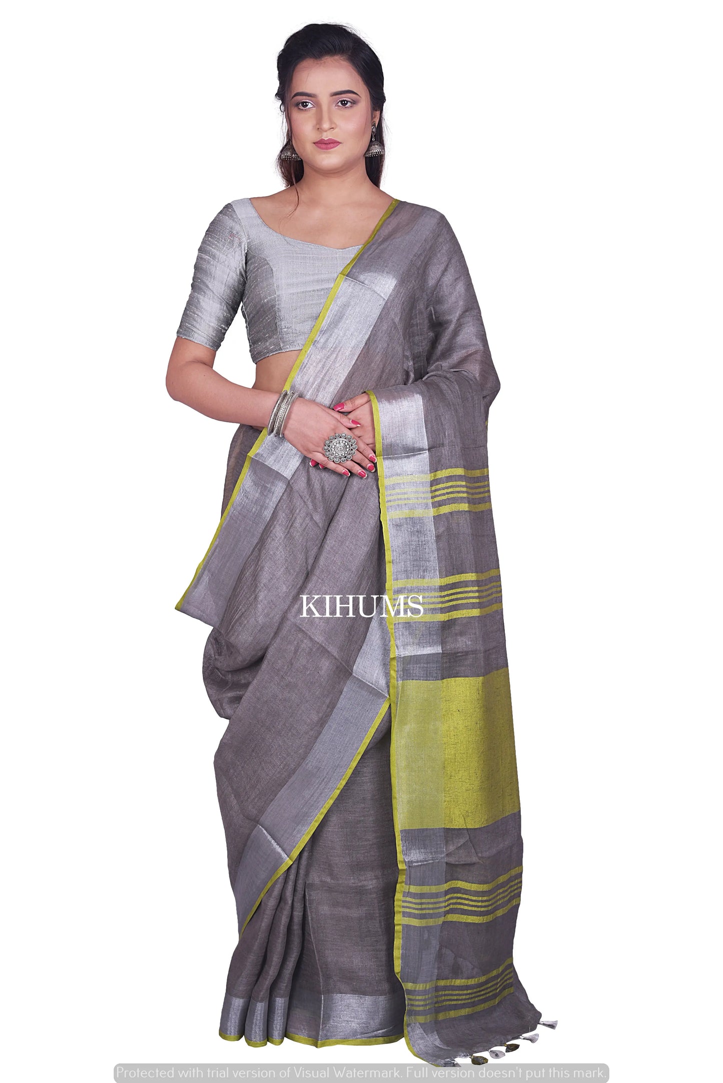 Grey Shade Handmade Pure Linen Saree | Silver Zari Border | KIHUMS Saree kihums clothing
