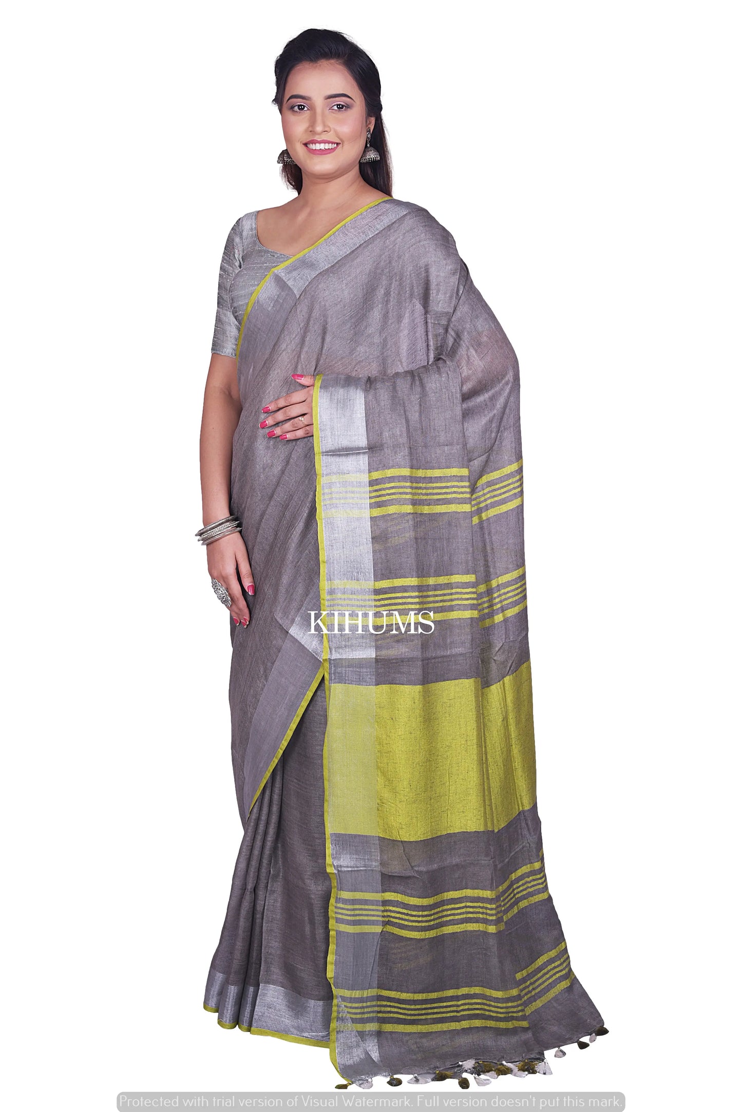 Grey Shade Handmade Pure Linen Saree | Silver Zari Border | KIHUMS Saree kihums clothing