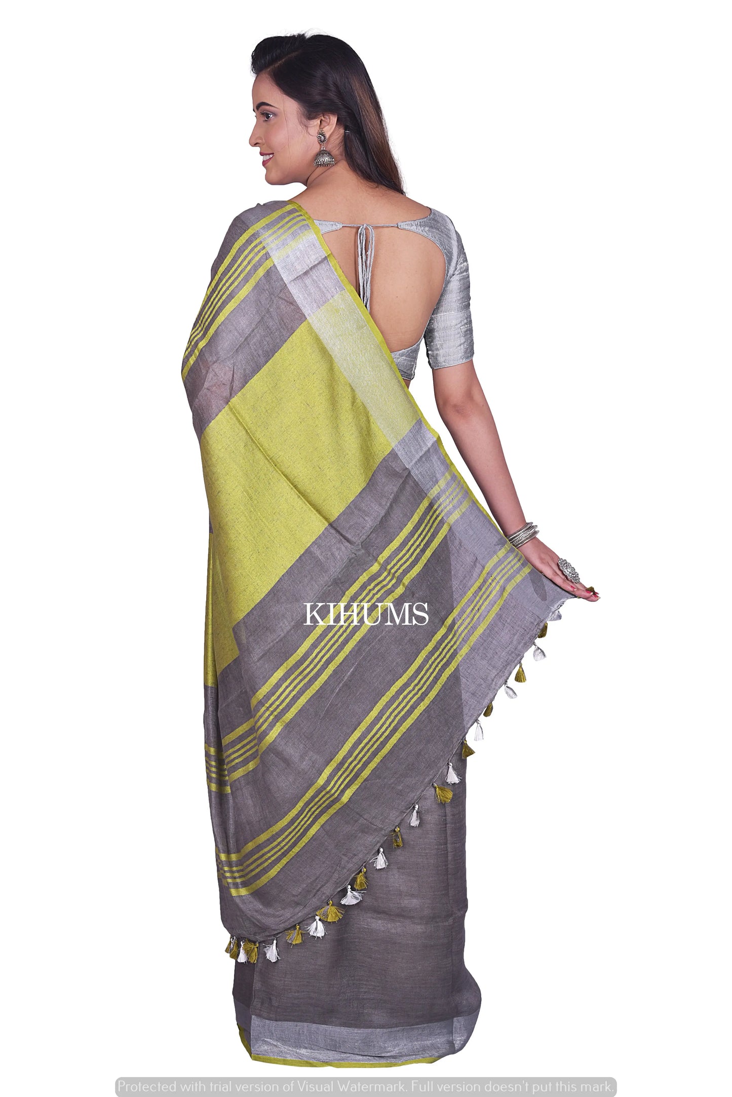 Grey Shade Handmade Pure Linen Saree | Silver Zari Border | KIHUMS Saree kihums clothing