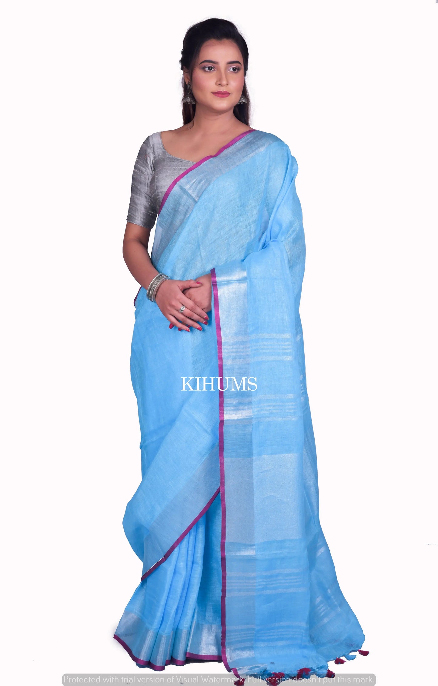 Sky Blue Shade Handmade Pure Linen Saree | Silver Zari Border | KIHUMS Saree kihums clothing