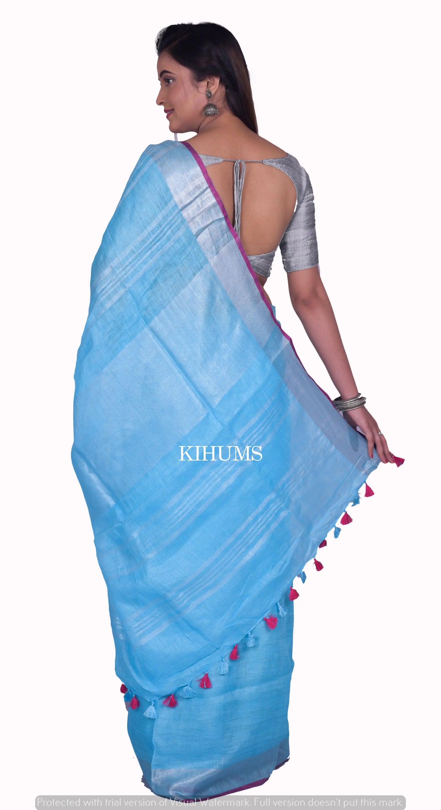 Sky Blue Shade Handmade Pure Linen Saree | Silver Zari Border | KIHUMS Saree kihums clothing