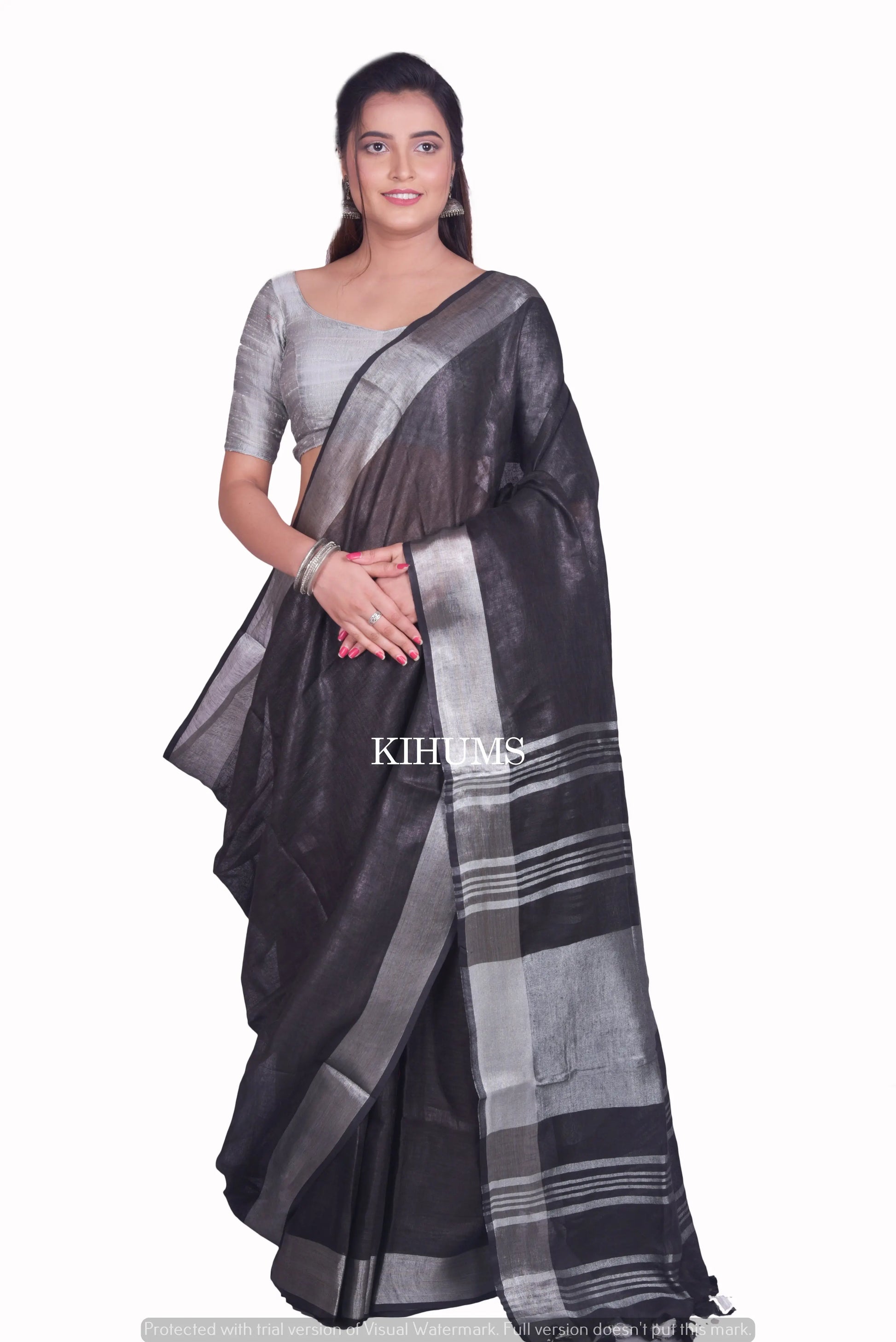 Black Handmade Pure Linen Saree | Silver Zari Border | KIHUMS Saree kihums clothing