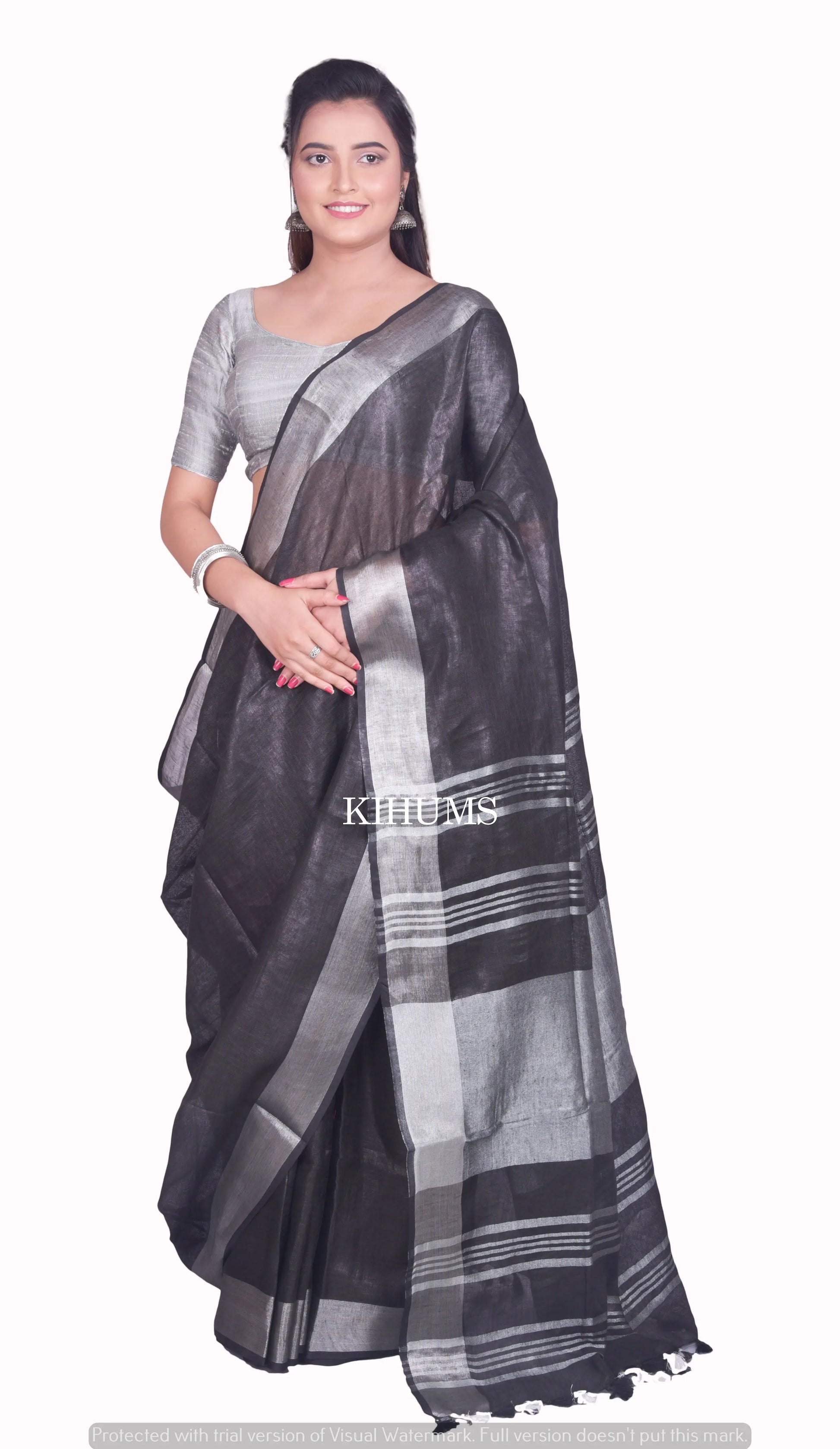 Black Handmade Pure Linen Saree | Silver Zari Border | KIHUMS Saree kihums clothing
