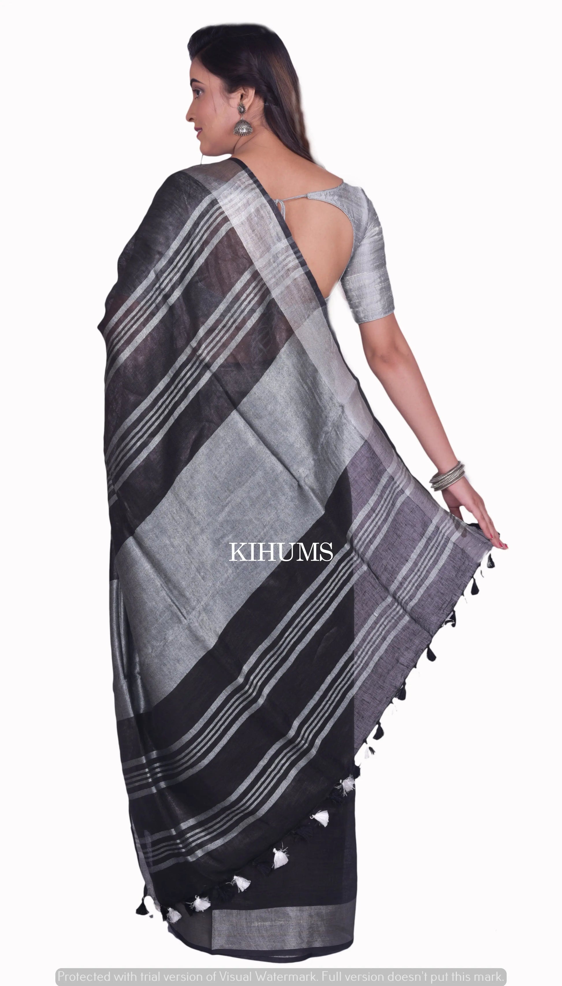 Black Handmade Pure Linen Saree | Silver Zari Border | KIHUMS Saree kihums clothing
