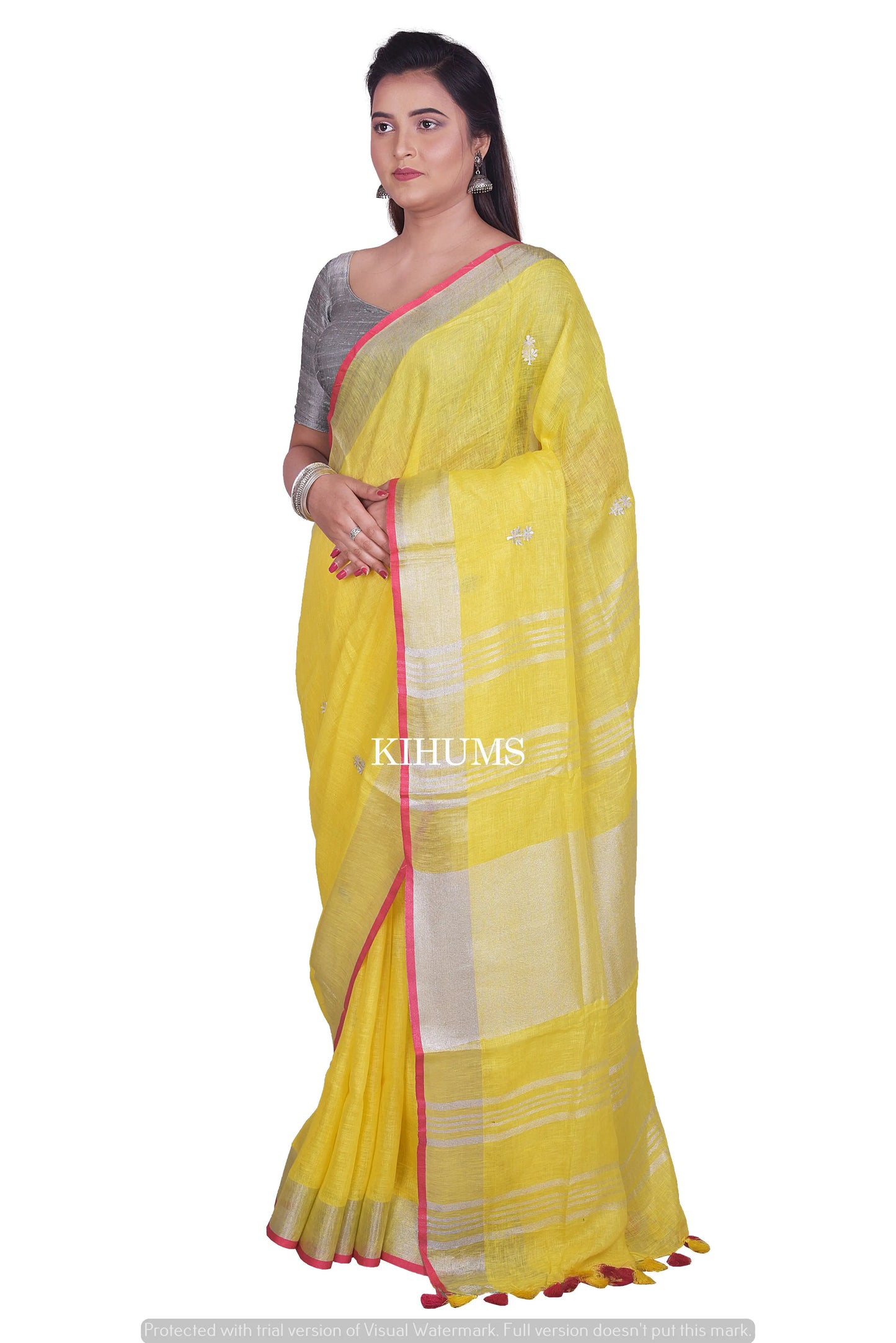 Yellow Handmade Pure Linen Saree | Embroidered Saree | Silver Zari Border | KIHUMS Saree kihums clothing