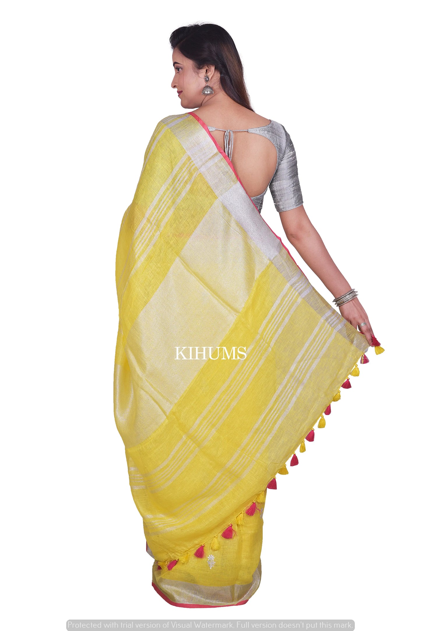 Yellow Handmade Pure Linen Saree | Embroidered Saree | Silver Zari Border | KIHUMS Saree kihums clothing