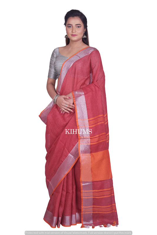 Red Handmade Pure Linen Saree | Contrast Blouse | Silver Zari Border | KIHUMS Saree