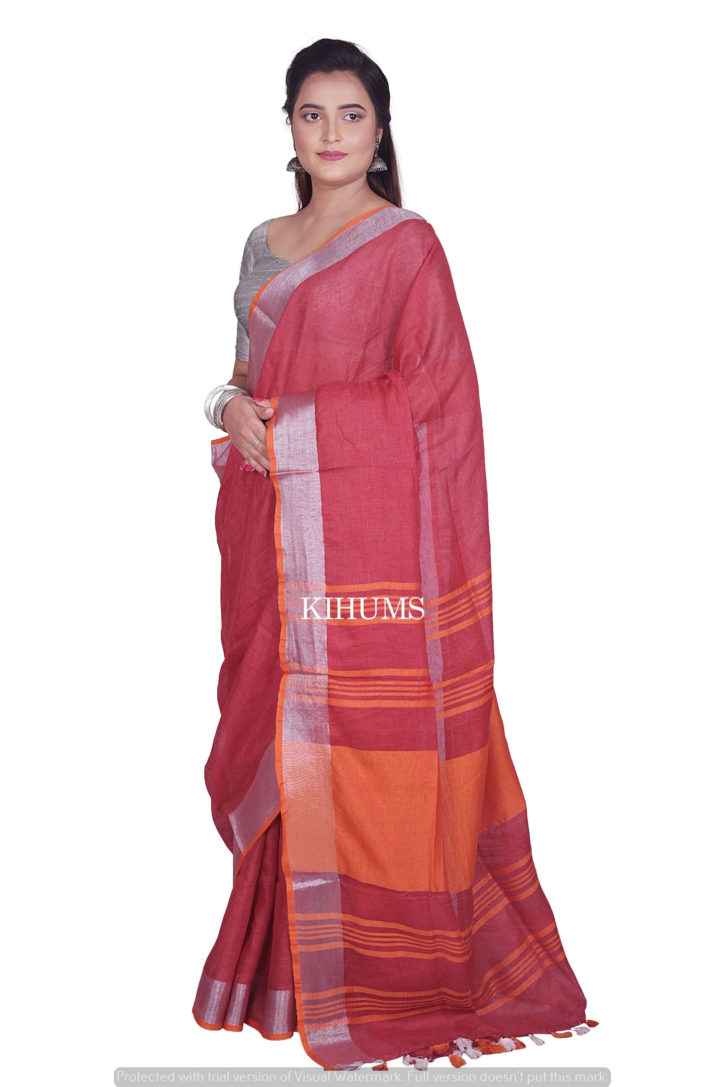 Red Handmade Pure Linen Saree | Contrast Blouse | Silver Zari Border | KIHUMS Saree kihums clothing