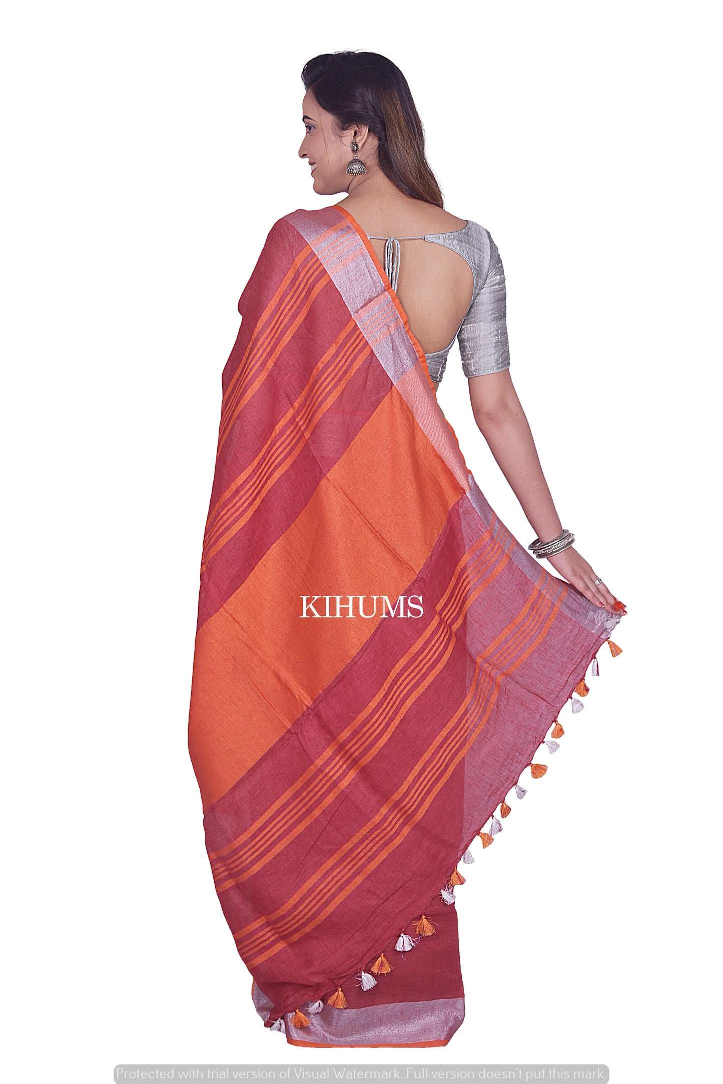 Red Handmade Pure Linen Saree | Contrast Blouse | Silver Zari Border | KIHUMS Saree kihums clothing