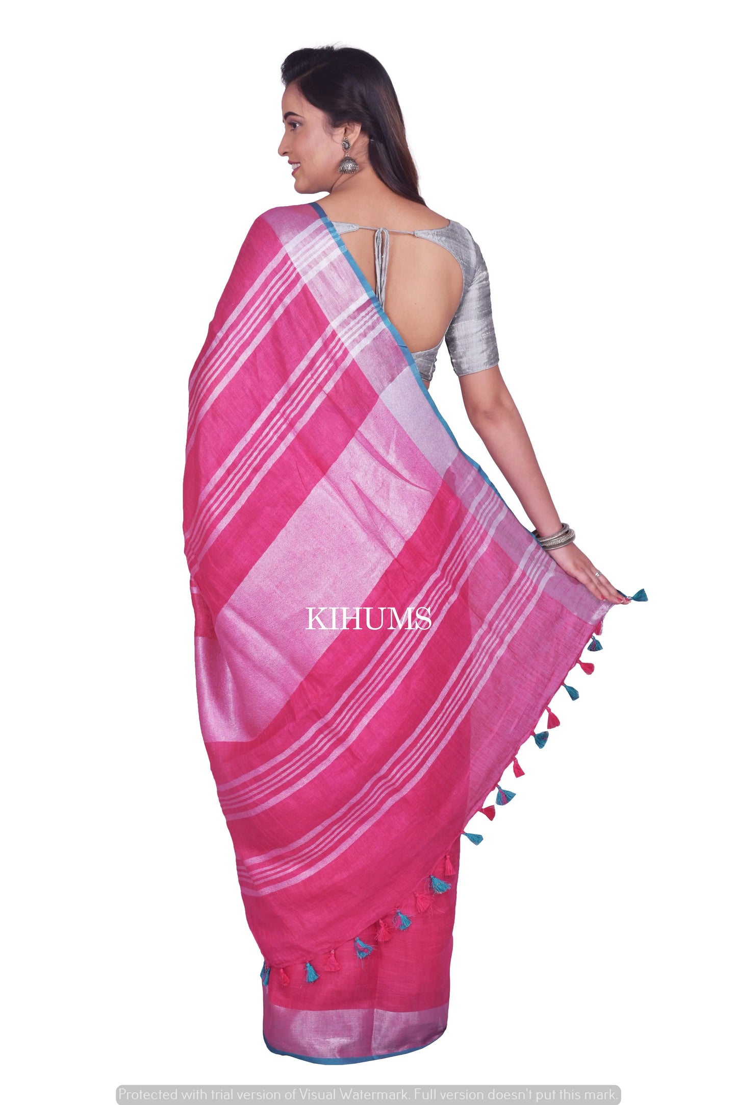 Pink Handmade Pure Linen Saree | Contrast Blouse | Silver Zari Border | KIHUMS Saree kihums clothing