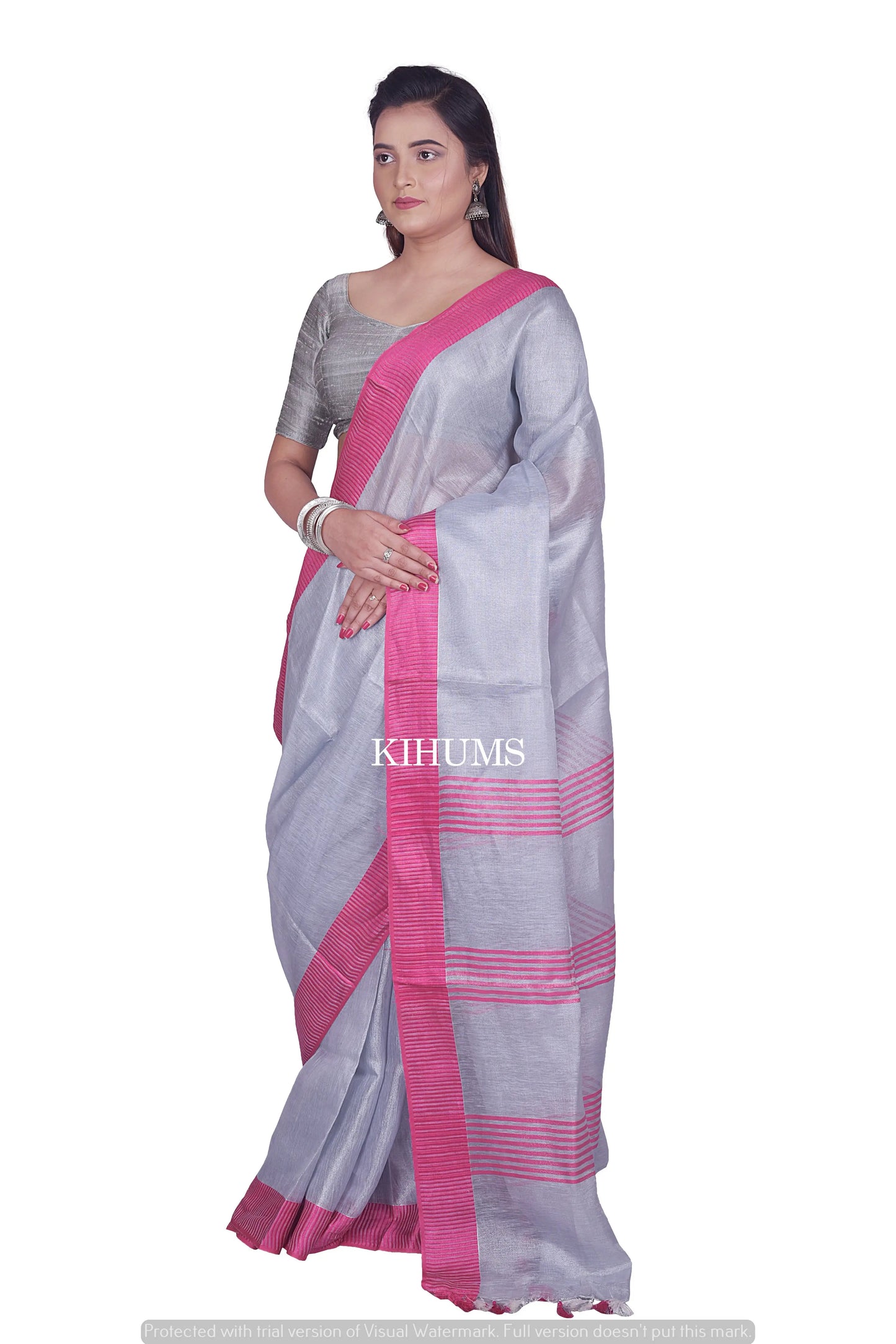 Ash Silver with Contrast Pink Border | Tissue Linen Saree | KIHUMS Saree women clothing