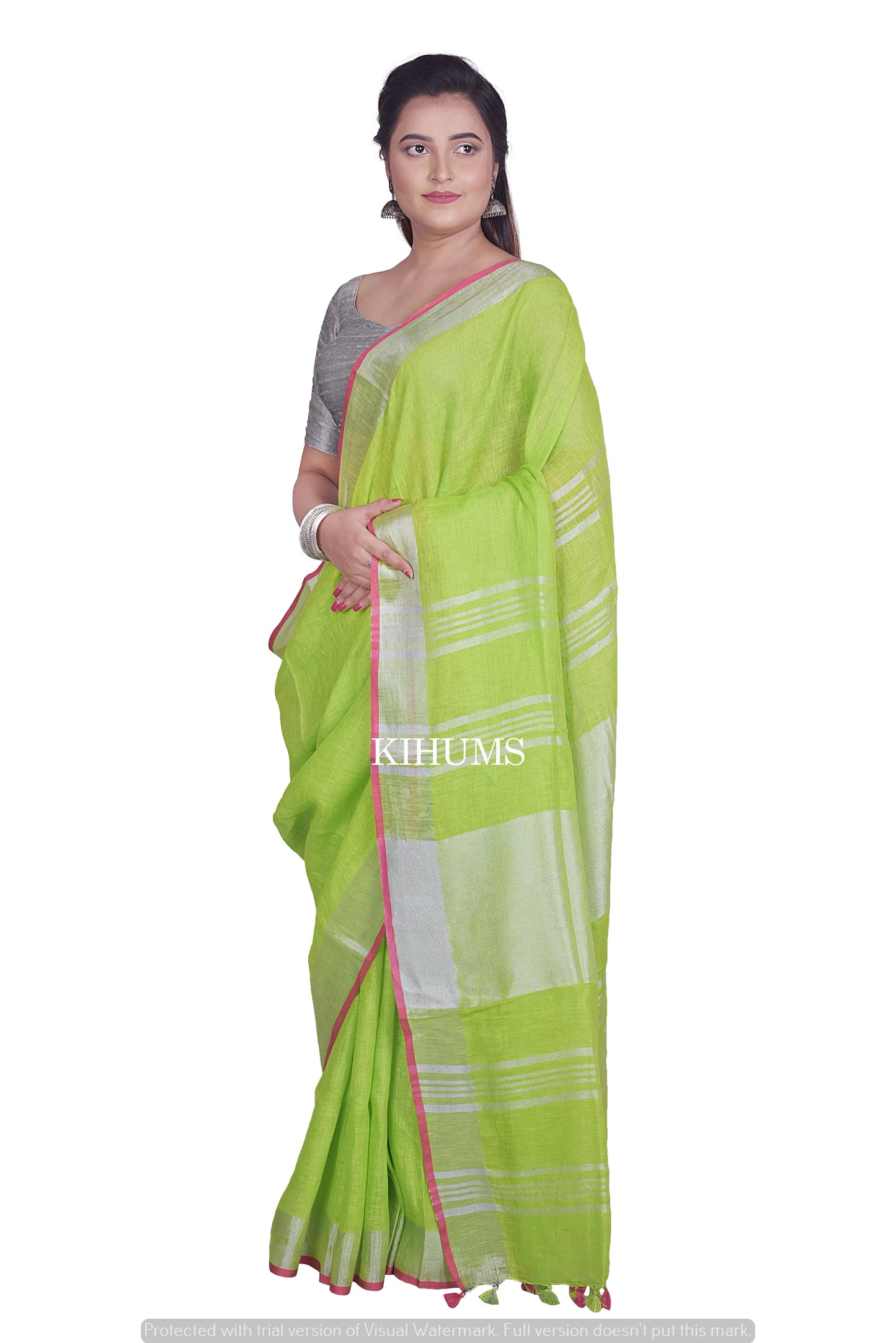 Bright Green Handwoven Linen Saree | Silver Zari Checks | KIHUMS Saree kihums clothing