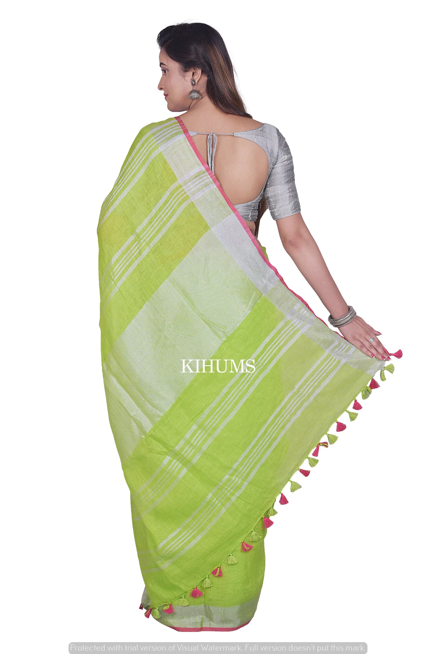 Bright Green Handwoven Linen Saree | Silver Zari Checks | KIHUMS Saree kihums clothing