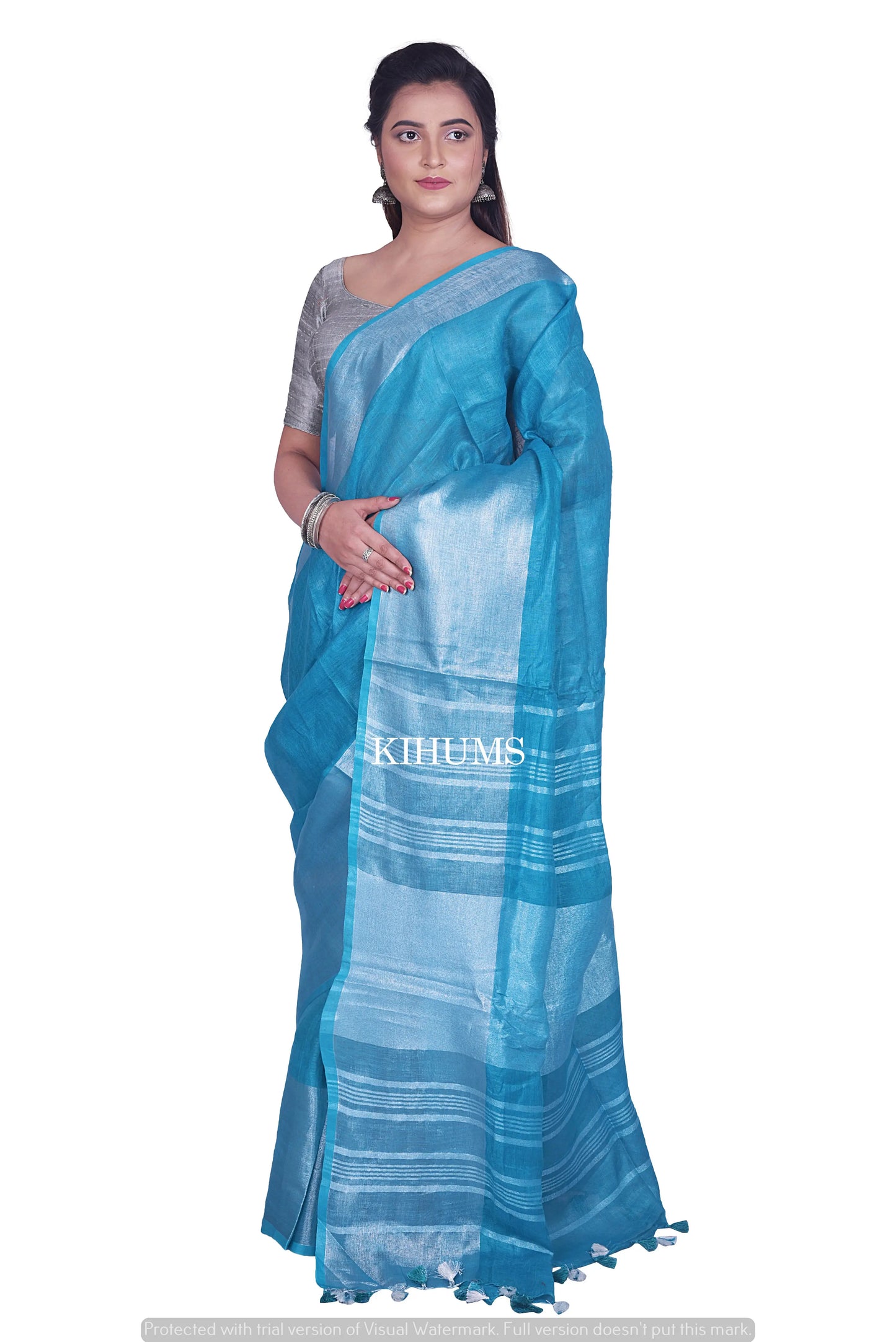 Blue Shade Handwoven Linen Saree | Silver Zari Checks | KIHUMS Saree kihums clothing