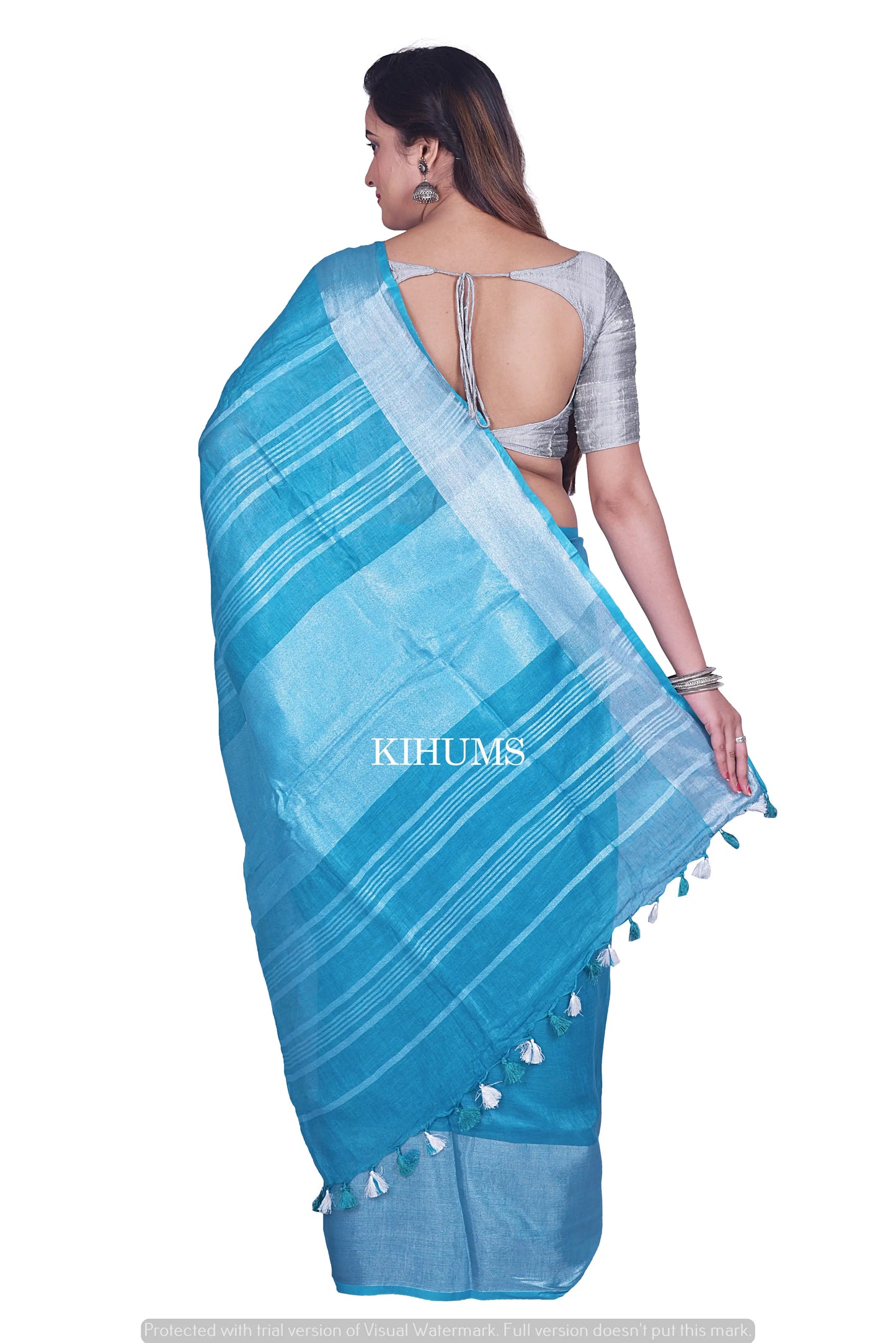 Blue Shade Handwoven Linen Saree | Silver Zari Checks | KIHUMS Saree kihums clothing