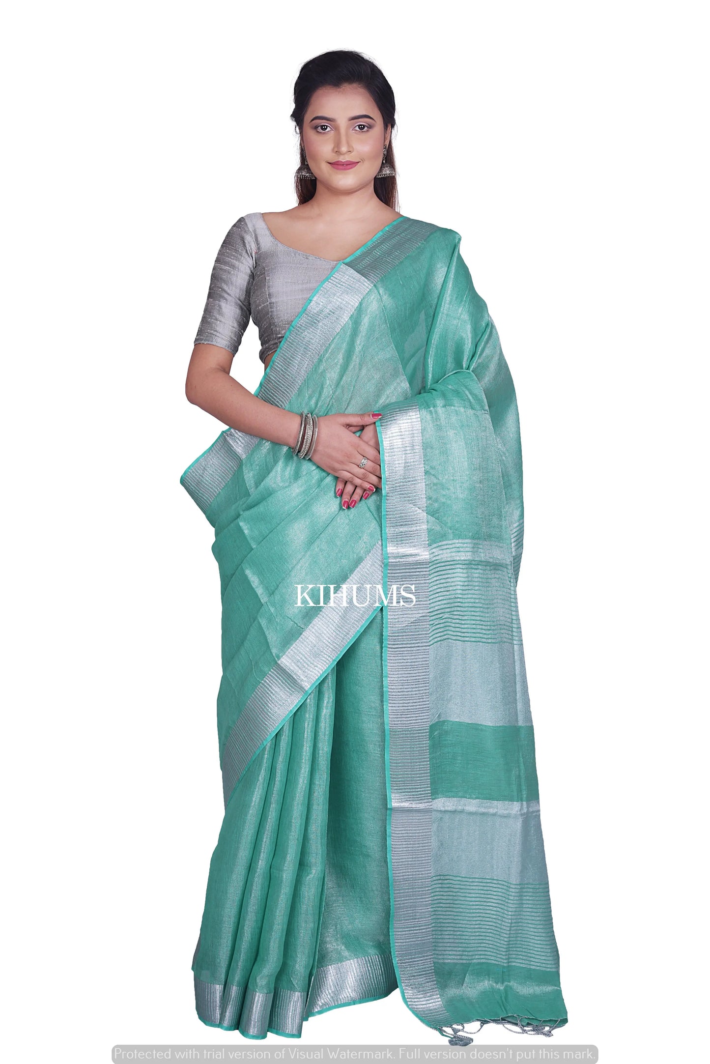 Green Shade with Silver Tinge | Tissue Linen Saree | KIHUMS Saree women clothing